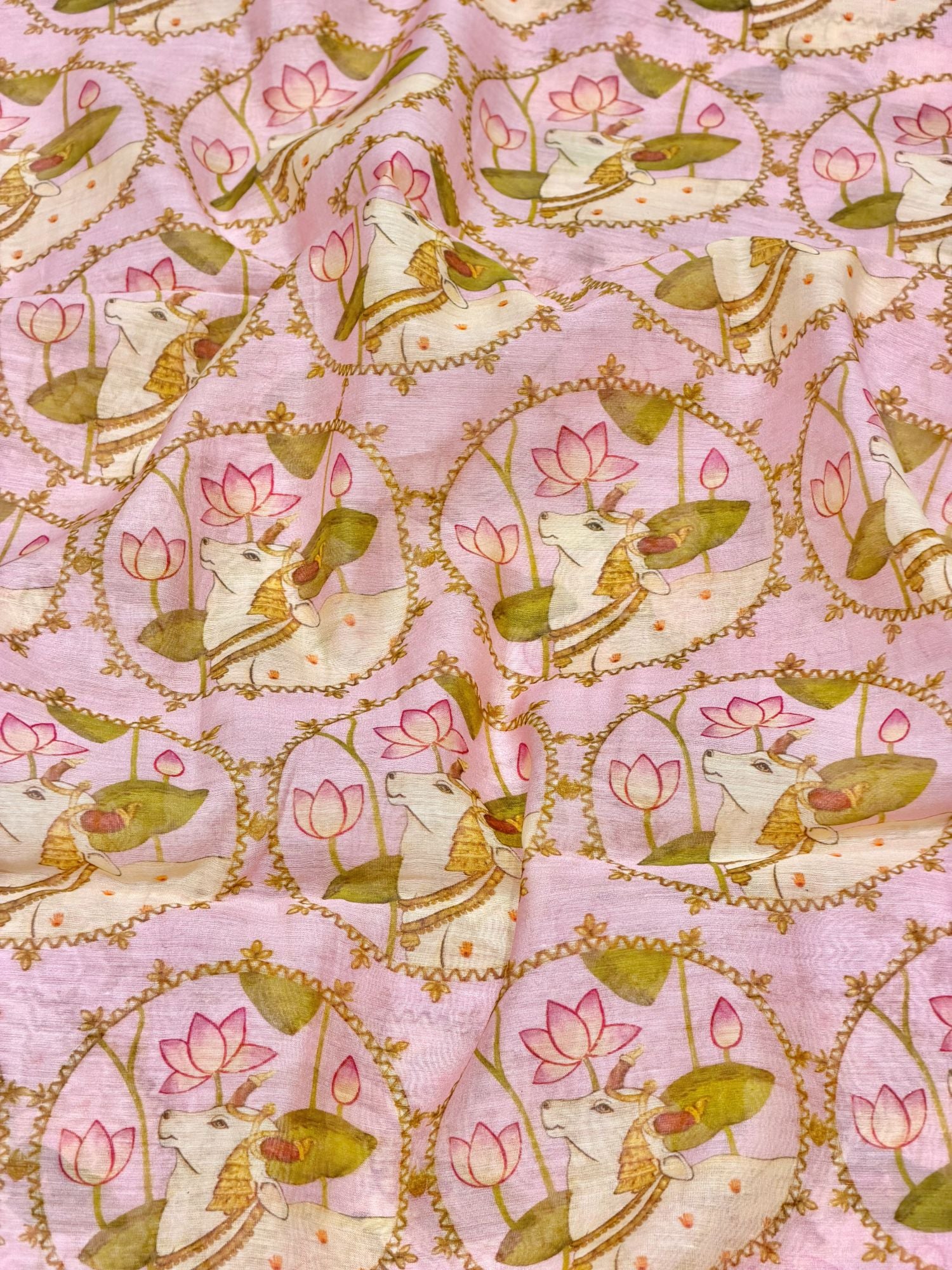 Lilac Pink Mul Nandi Pichwai Fabric