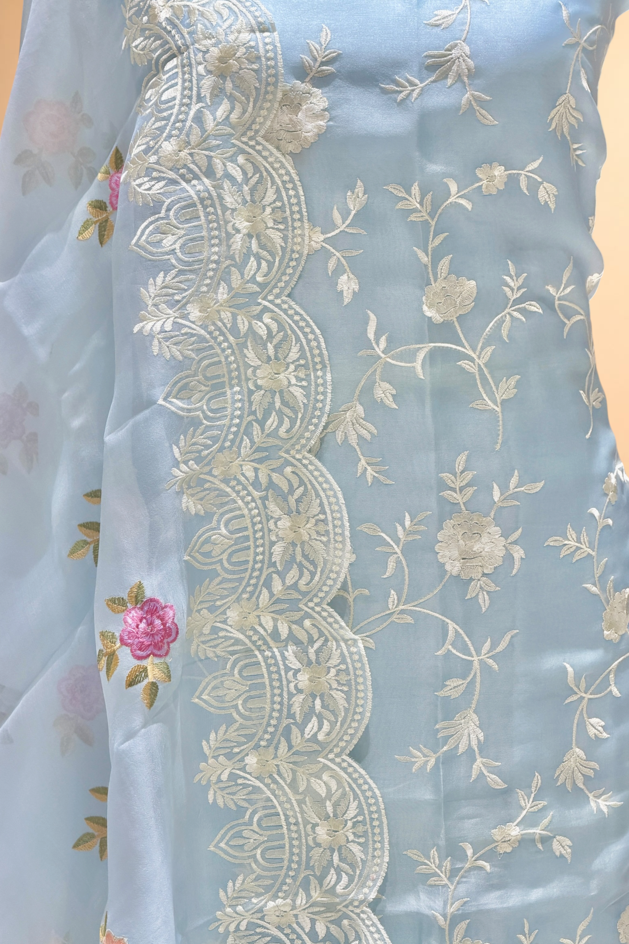 Powder Blue Organza Silk Suit Set With Embroidered Dupatta