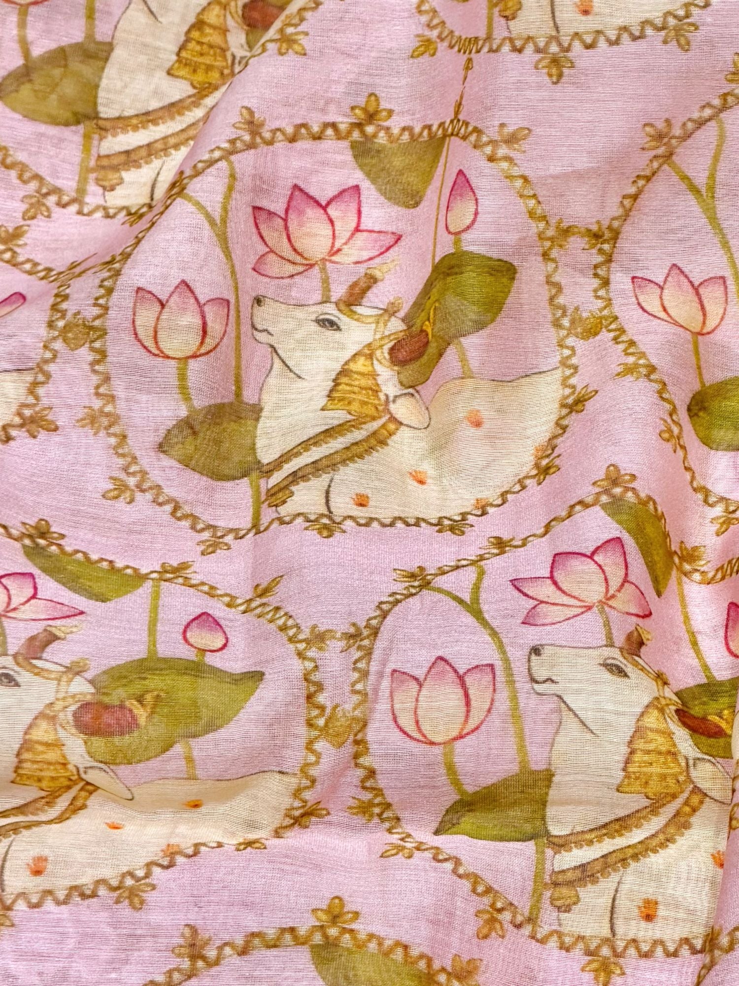 Lilac Pink Mul Nandi Pichwai Fabric