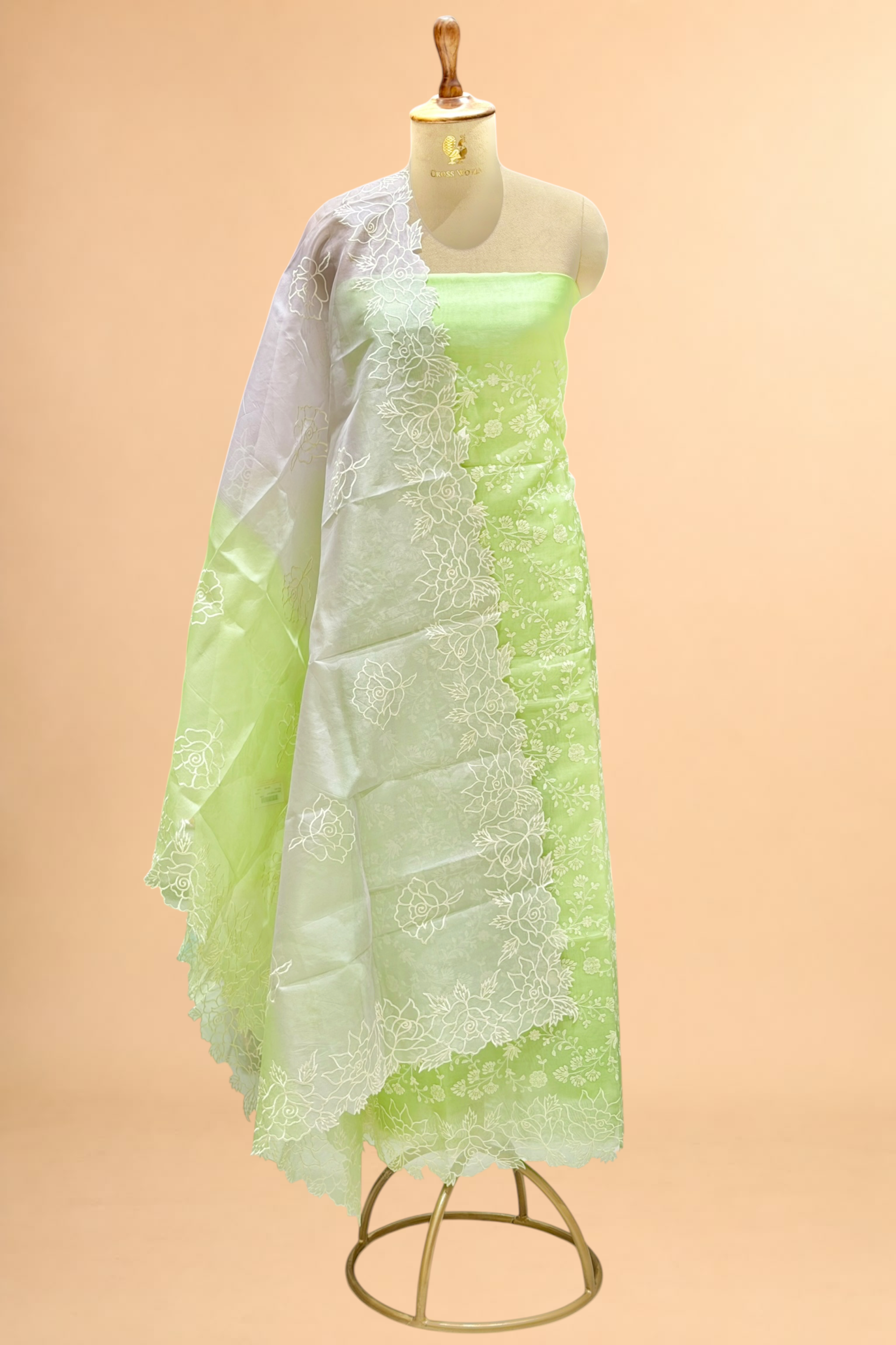 Pistachio Green Organza Silk Suit Set With Shaded Dupatta