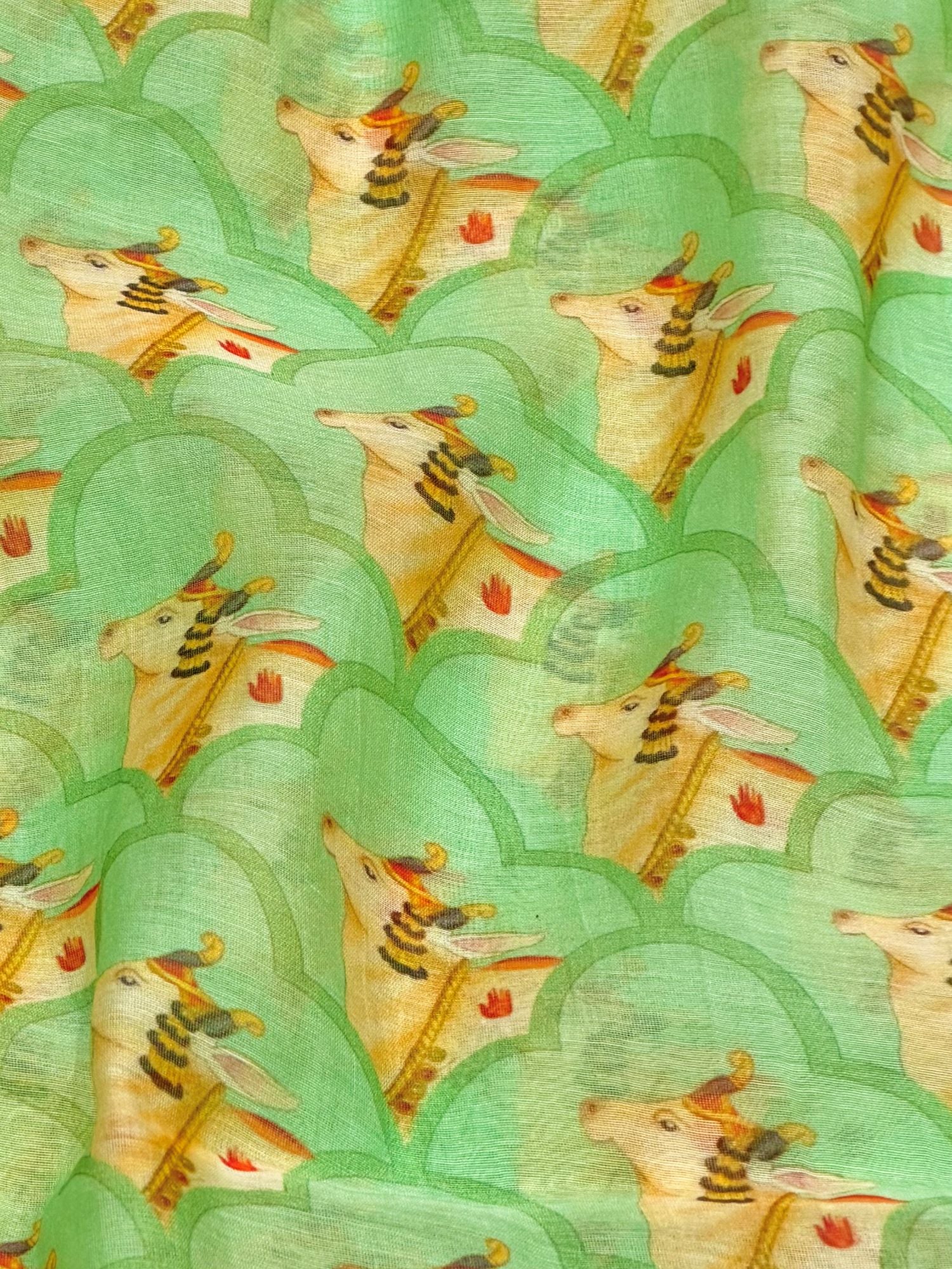 Seafoam Green Mul Pichwai Prints Fabric