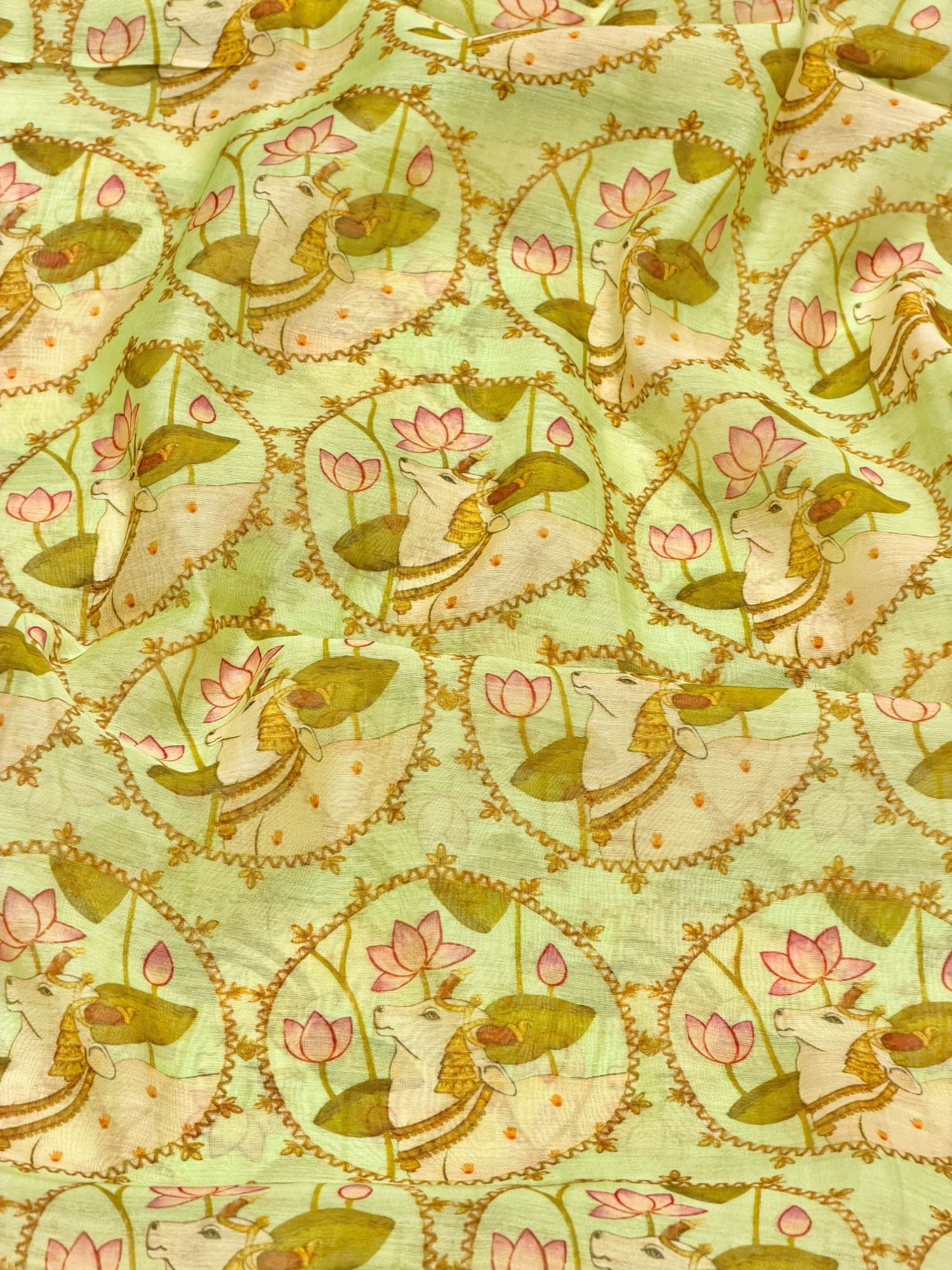 Sage Green Mul Pichwai Prints Fabric