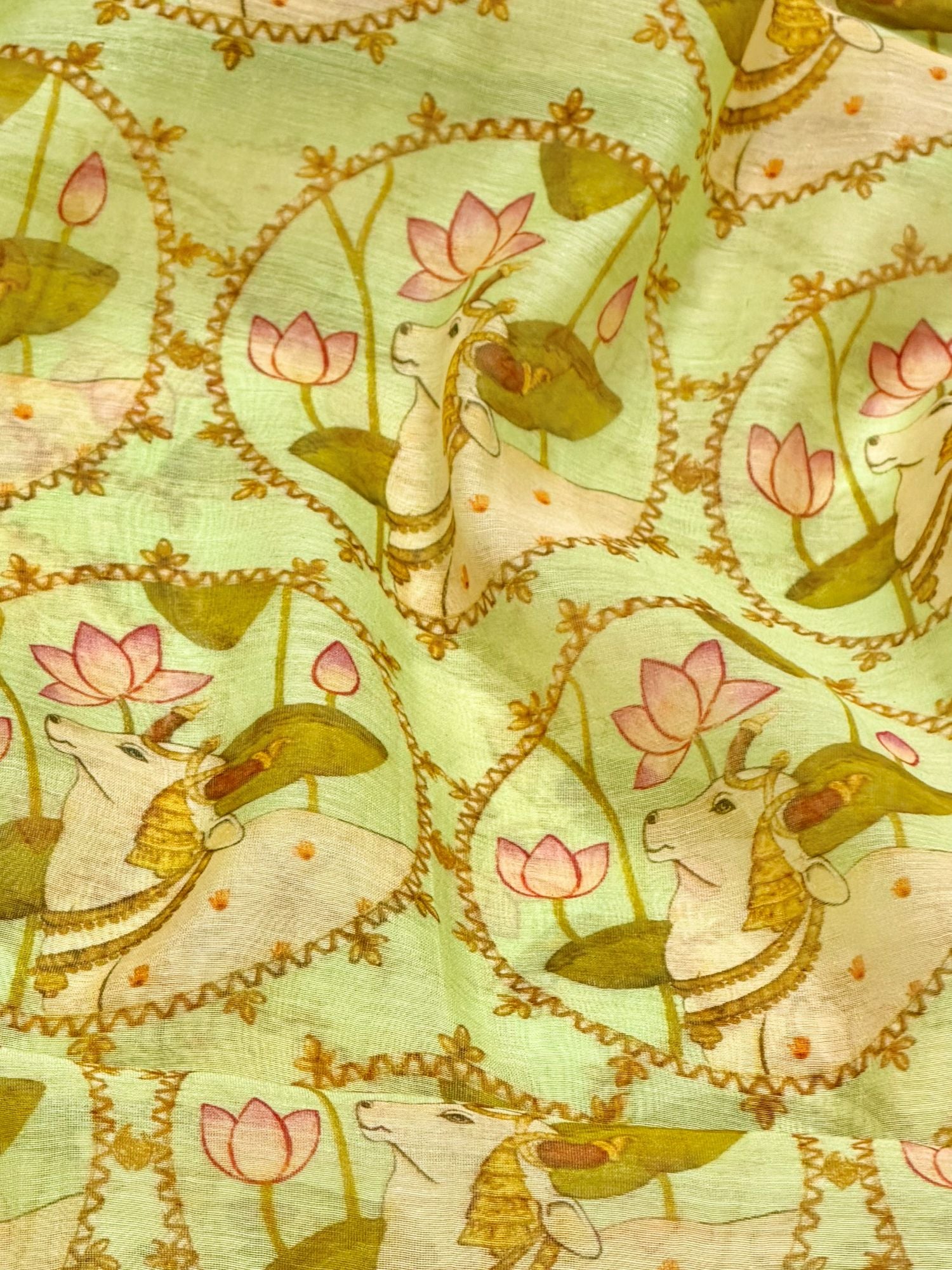 Sage Green Mul Pichwai Prints Fabric