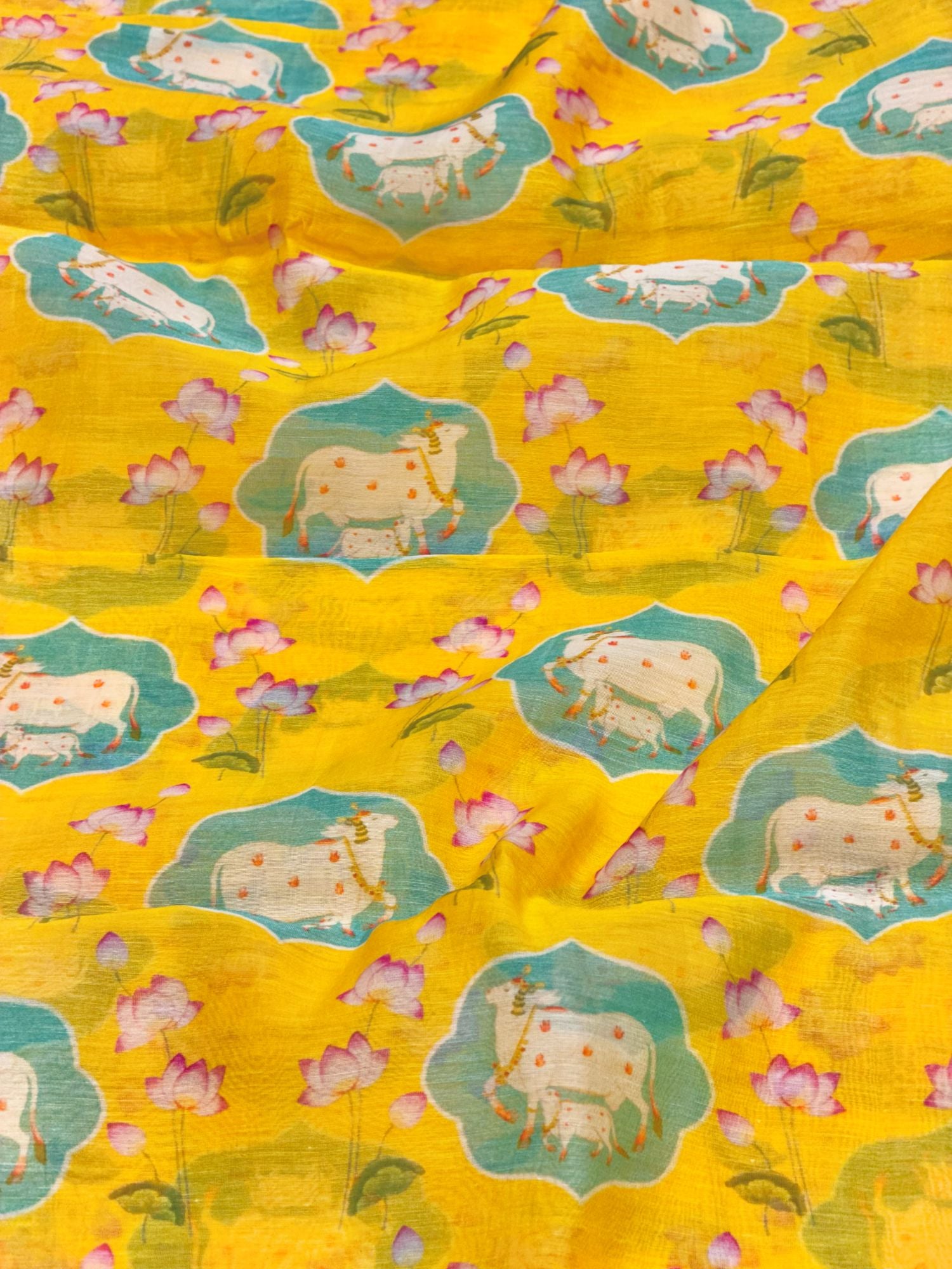 Mustard Yellow Mul Nandi Prints Fabric