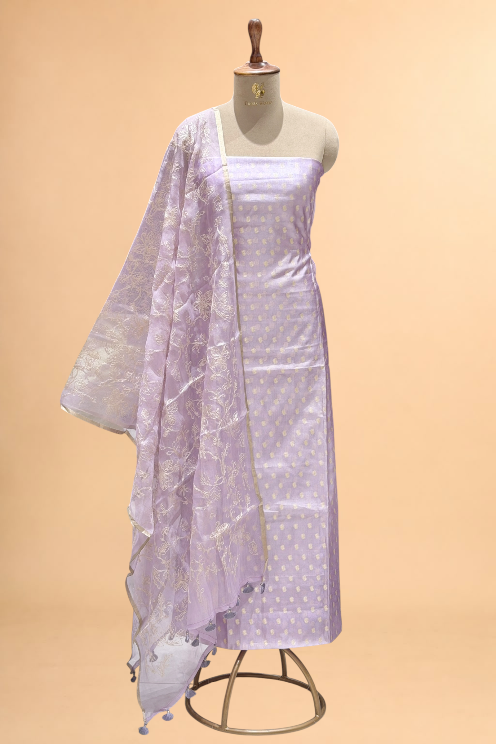 Lavender Pure Silk Suit Set With Organza Dupatta
