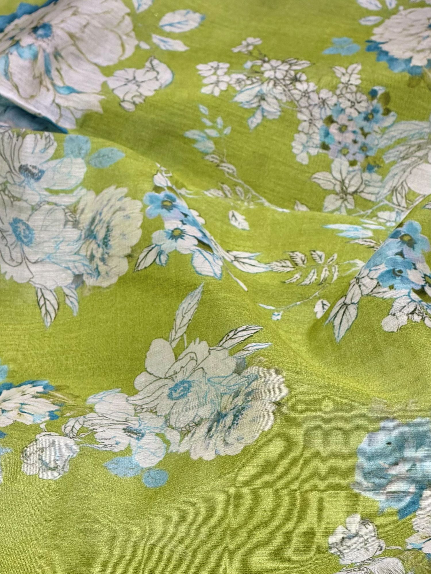 Olive Green Mul Floral Prints Fabric