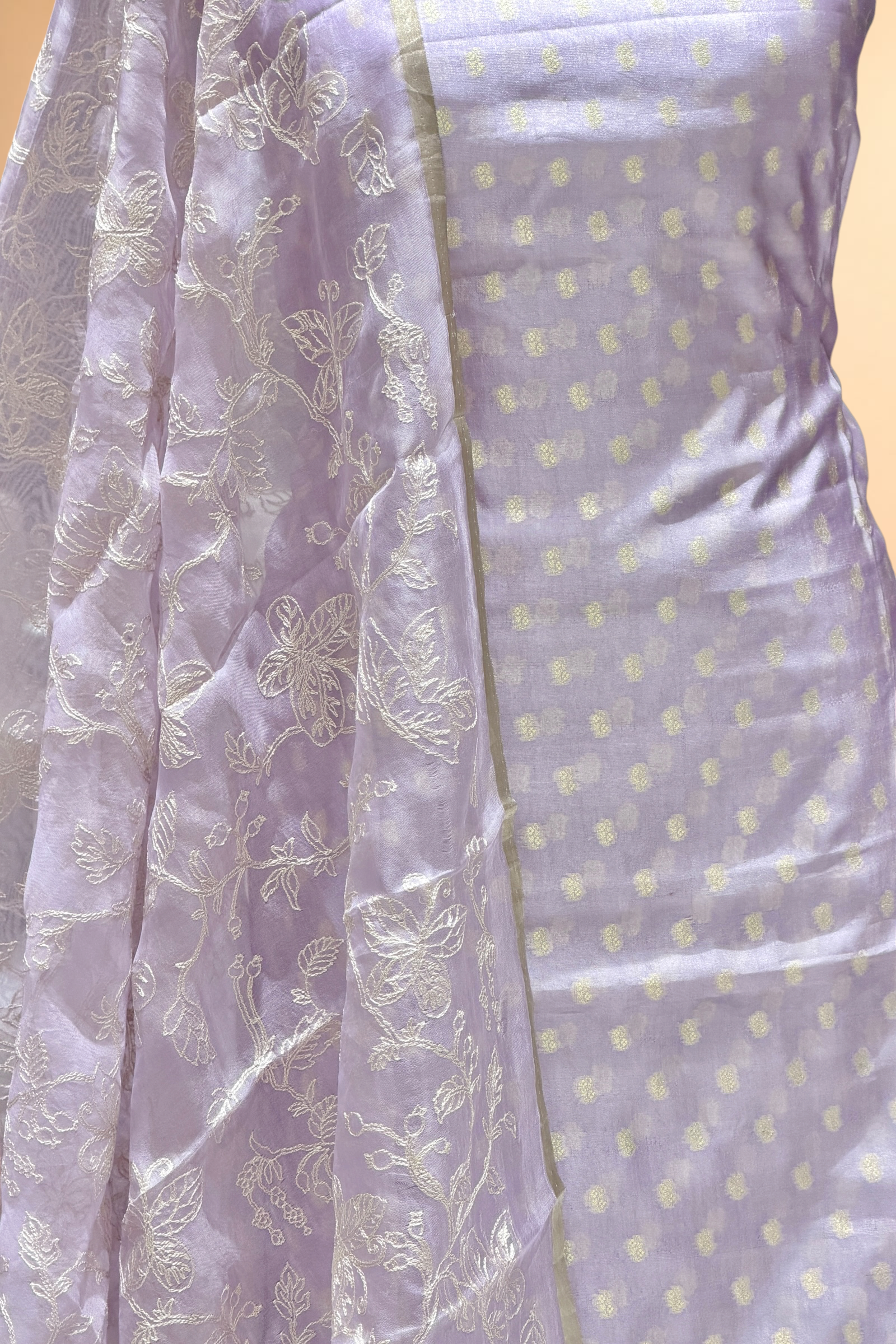 Lavender Pure Silk Suit Set With Organza Dupatta