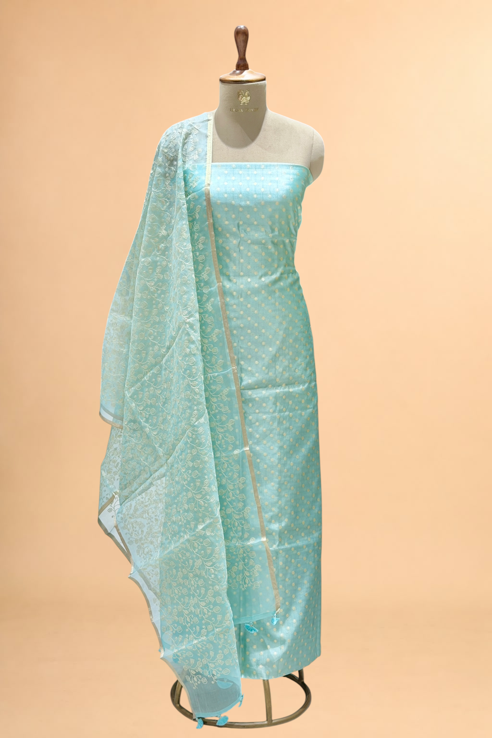 Pastel Blue Pure Silk Suit Set With Organza Dupatta