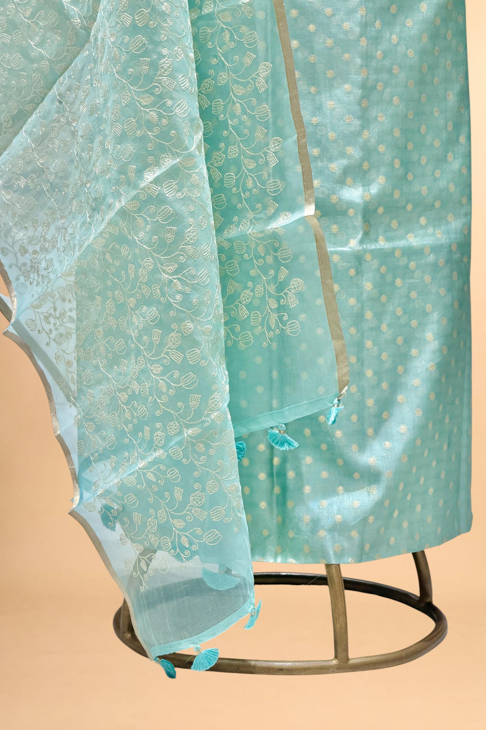 Pastel Blue Pure Silk Suit Set With Organza Dupatta