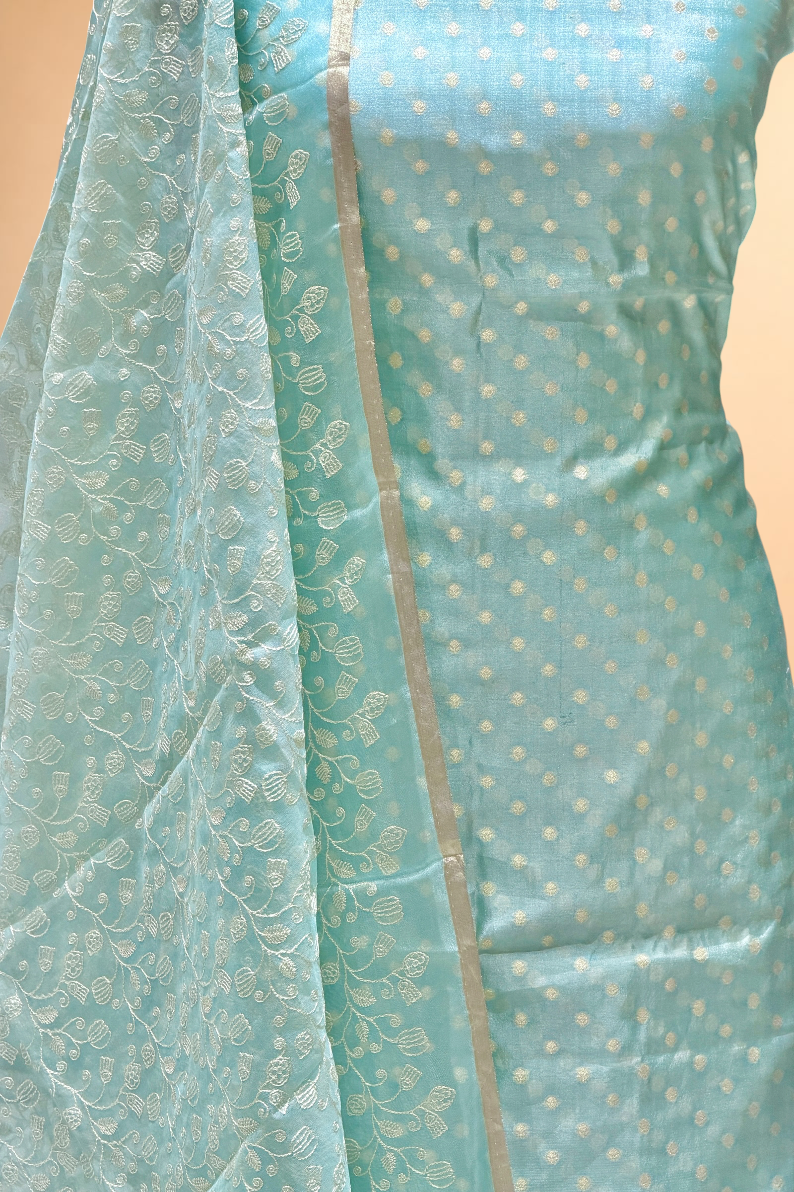 Pastel Blue Pure Silk Suit Set With Organza Dupatta