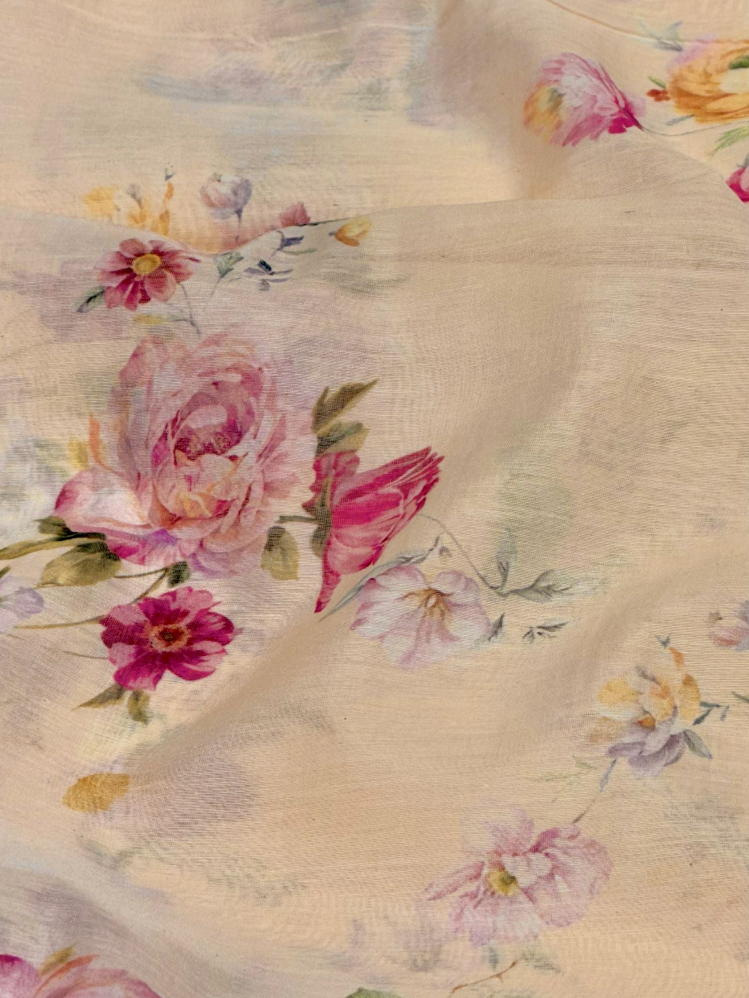 Ivory-Beige Mul Floral Prints Fabric