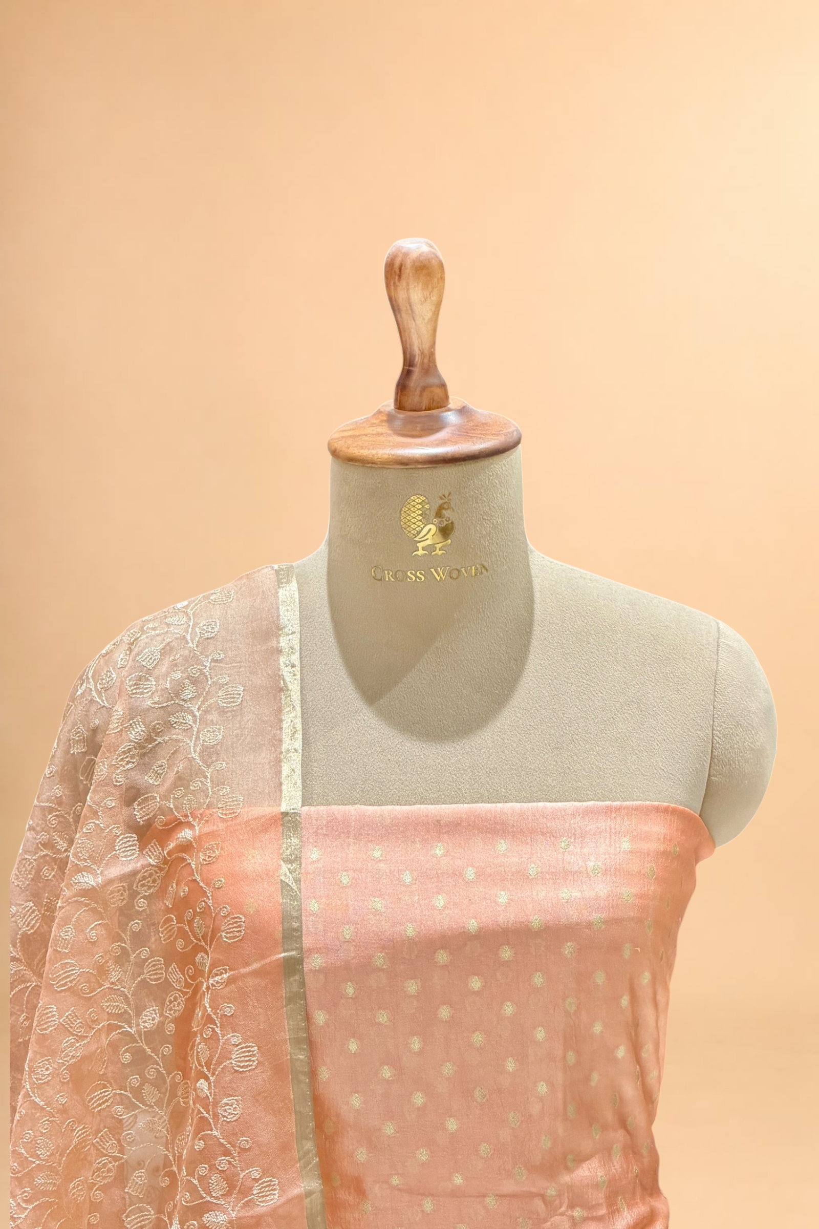 Peach Pure Silk Suit Set With Organza Dupatta
