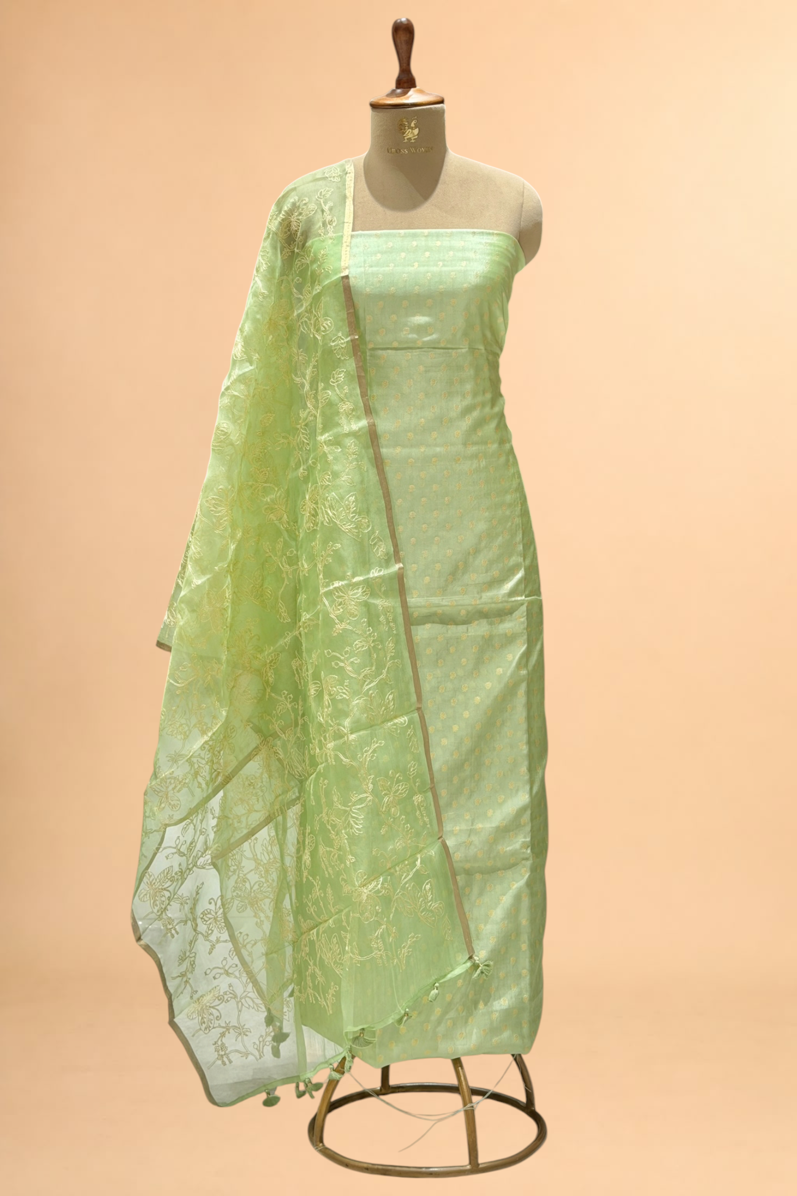 Pista Green Pure Silk Suit Set With Organza Dupatta