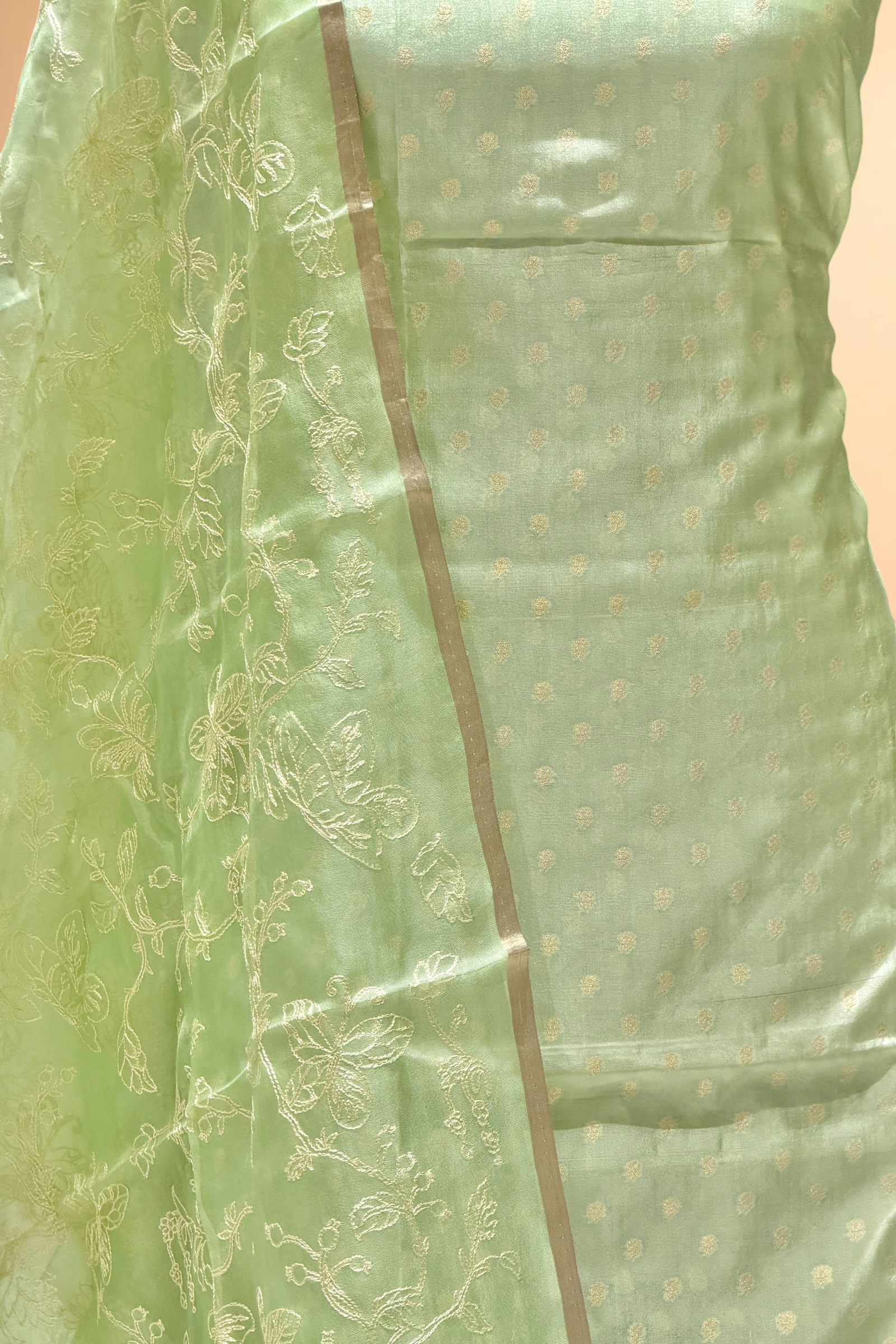 Pista Green Pure Silk Suit Set With Organza Dupatta