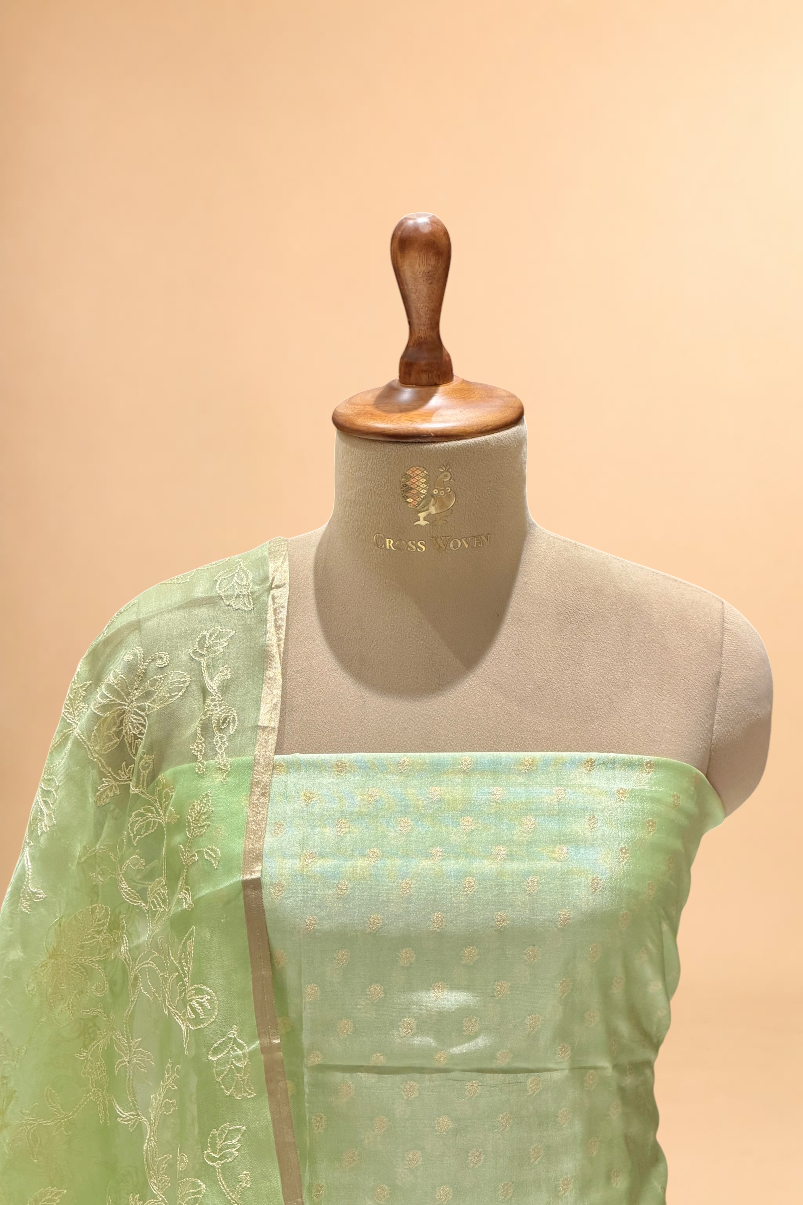 Pista Green Pure Silk Suit Set With Organza Dupatta