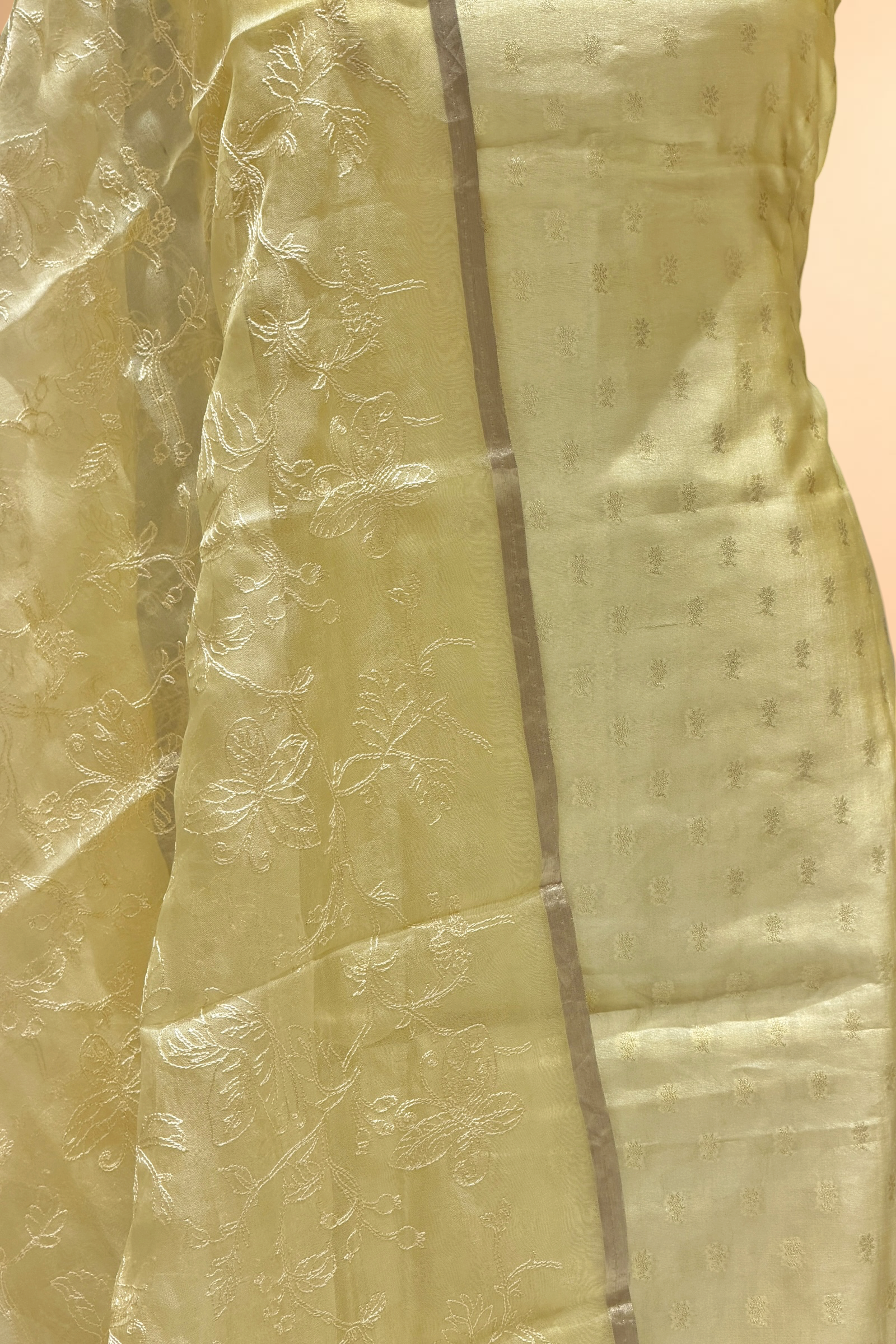 Yellow Pure Silk Suit Set With Organza Dupatta