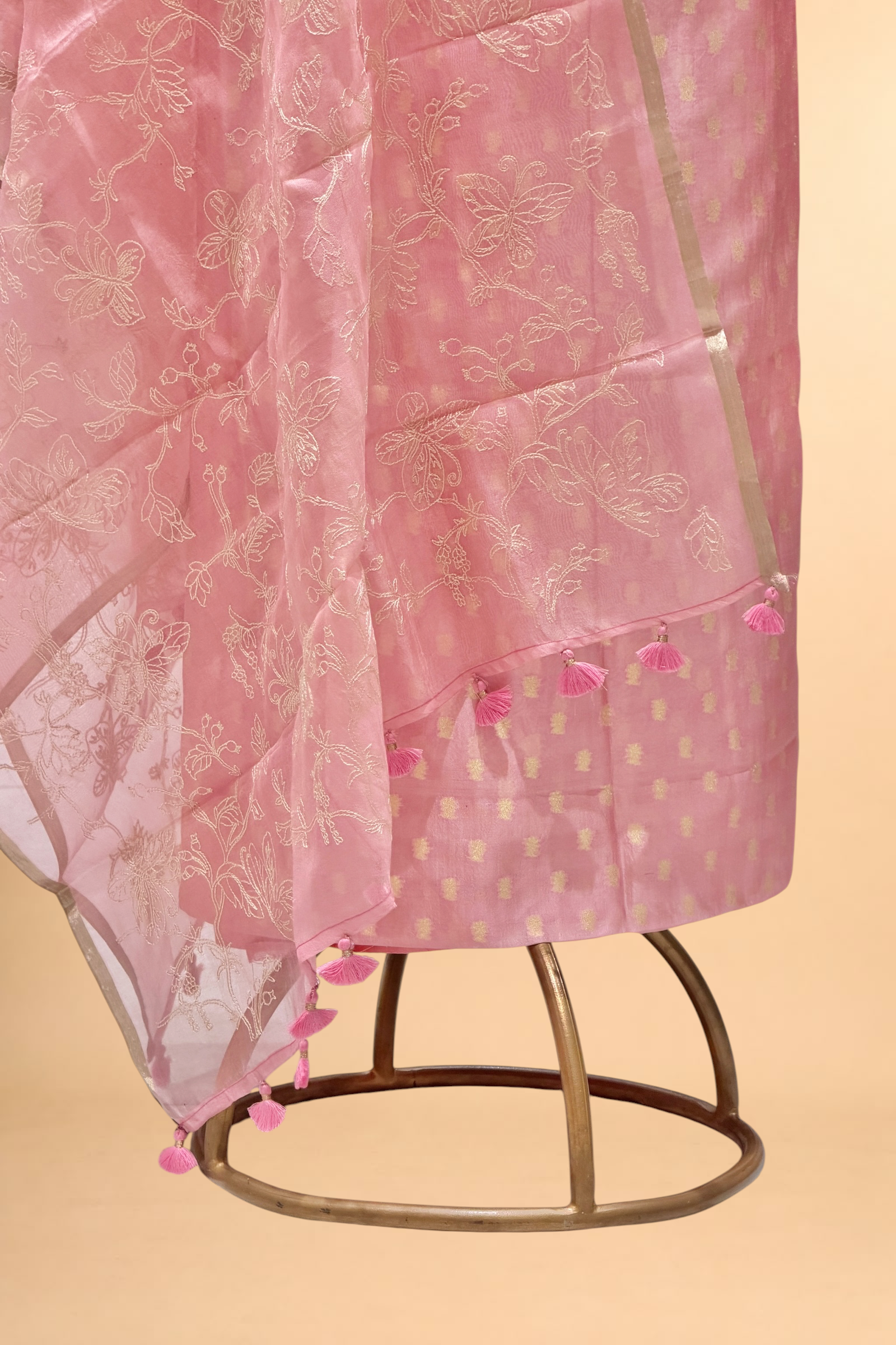 Pink Pure Silk Suit Set With Organza Dupatta