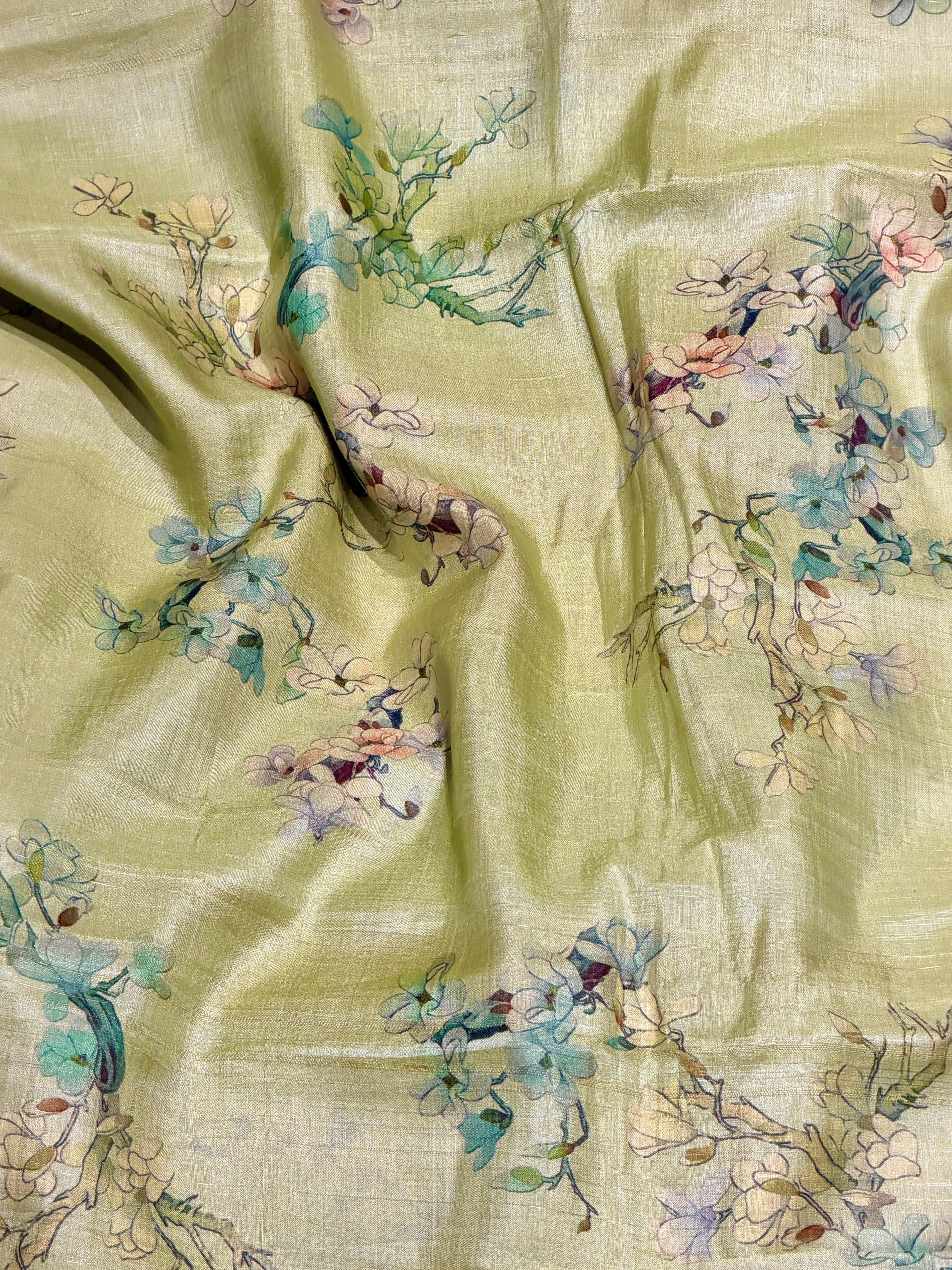 Lime Green Tussar Kalamkari Printed Fabric