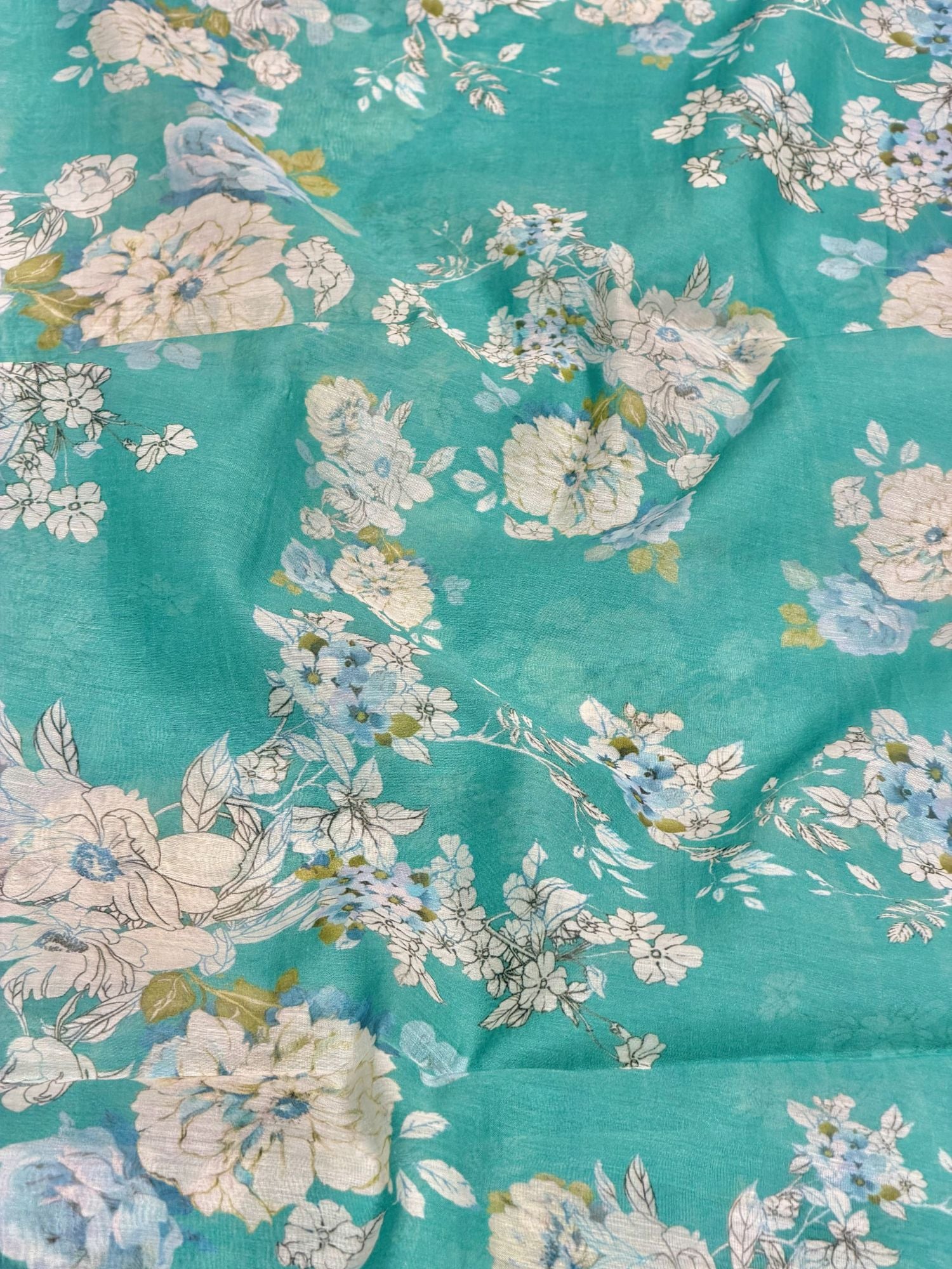 Turquoise Blue Mul Floral Prints Fabric