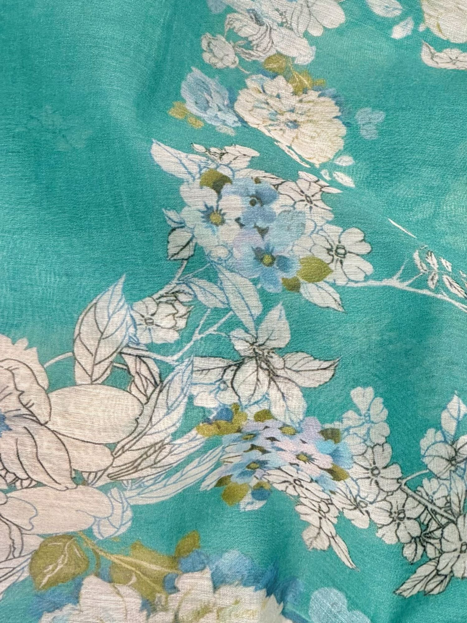 Turquoise Blue Mul Floral Prints Fabric