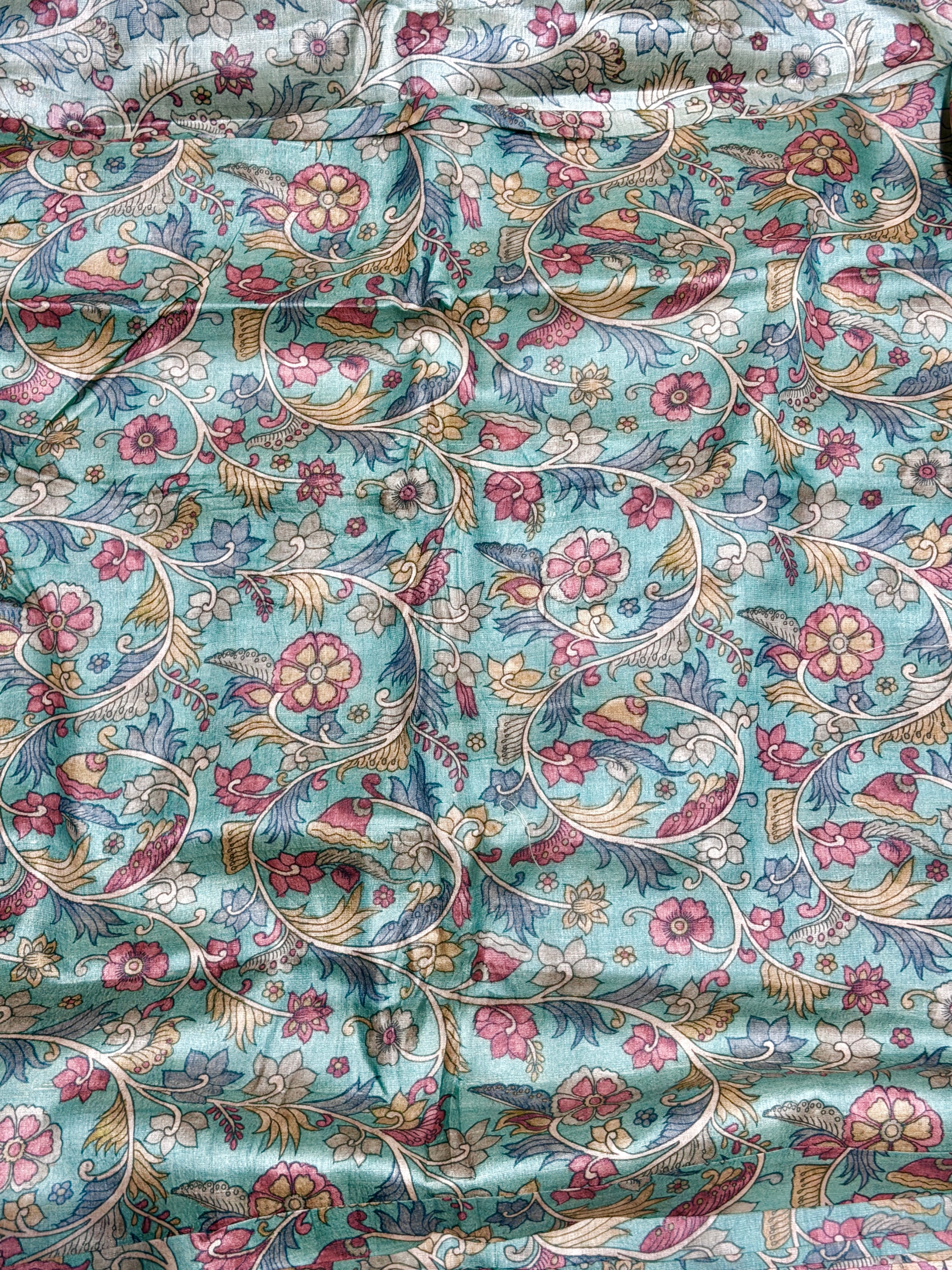 Aqua Blue Tussar Kalamkari Printed Fabric