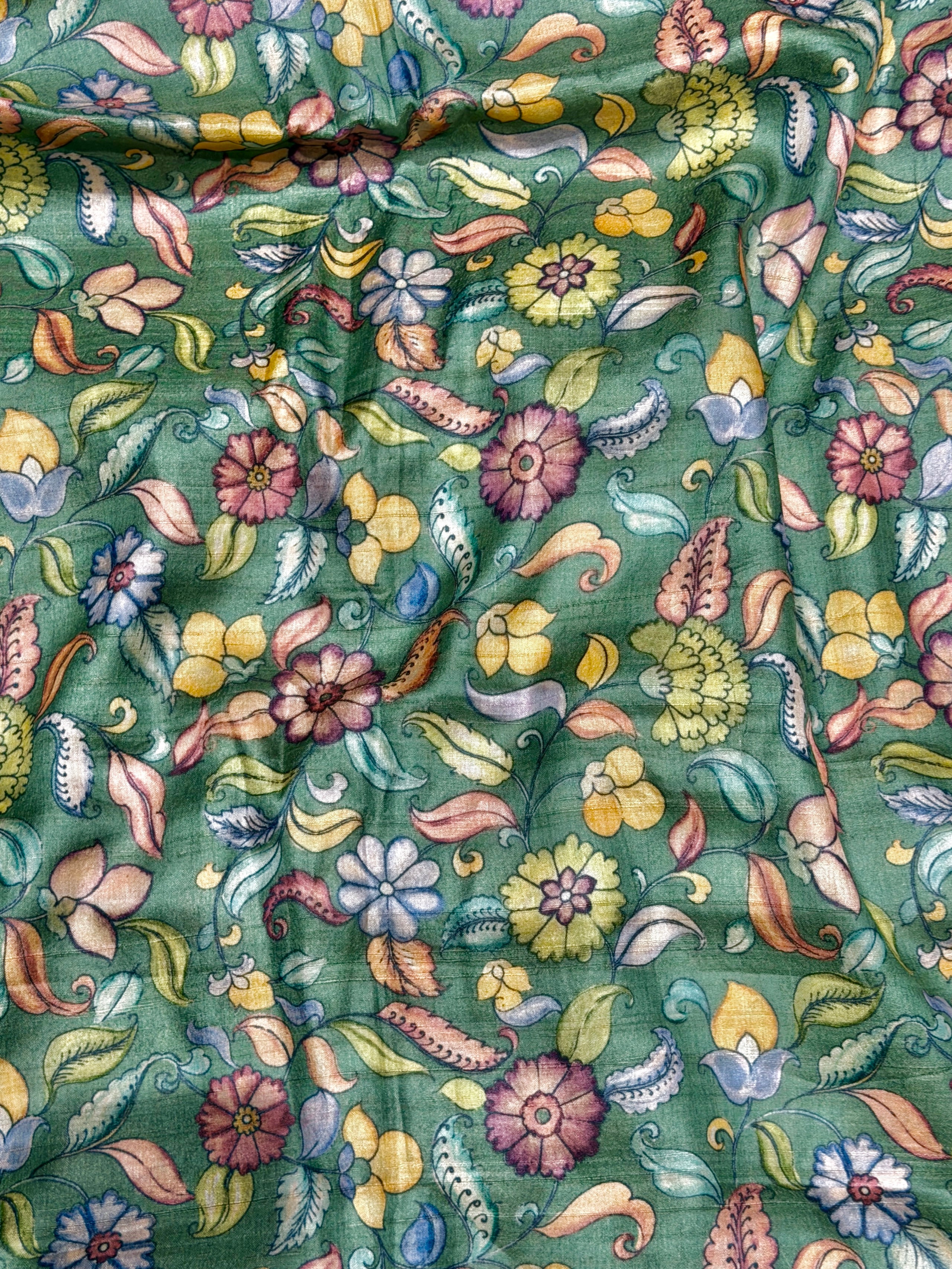 Teal Green Tussar Kalamkari Printed Fabric