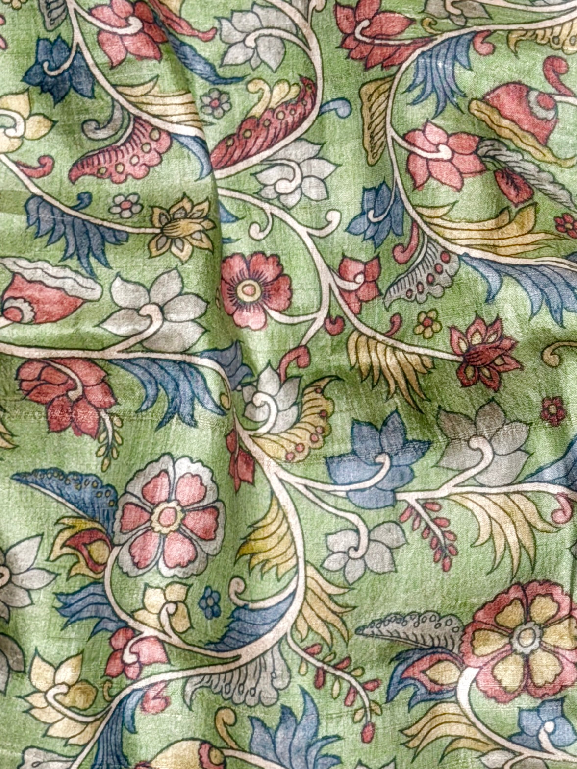 Sage Green Tussar Kalamkari Printed Fabric
