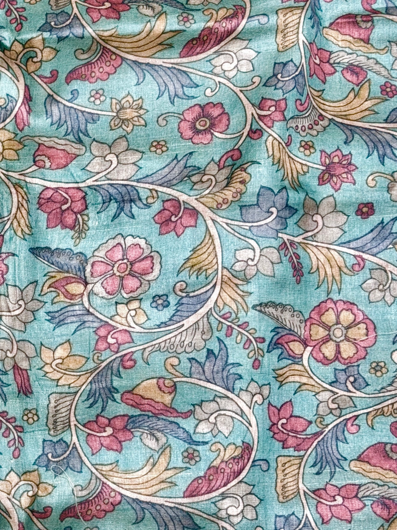 Aqua Blue Tussar Kalamkari Printed Fabric