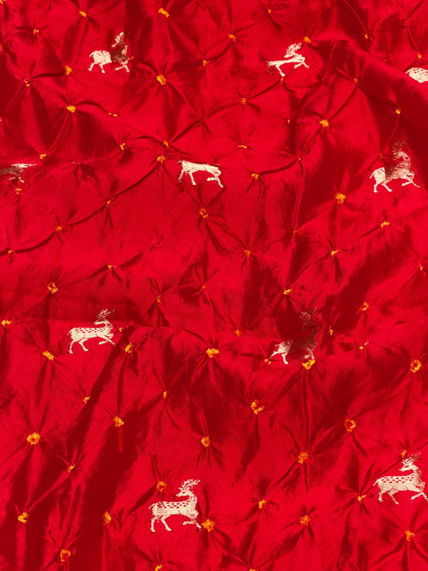 Red Chiniya Silk Bandhani With Deer Kadhwa Motif Fabric