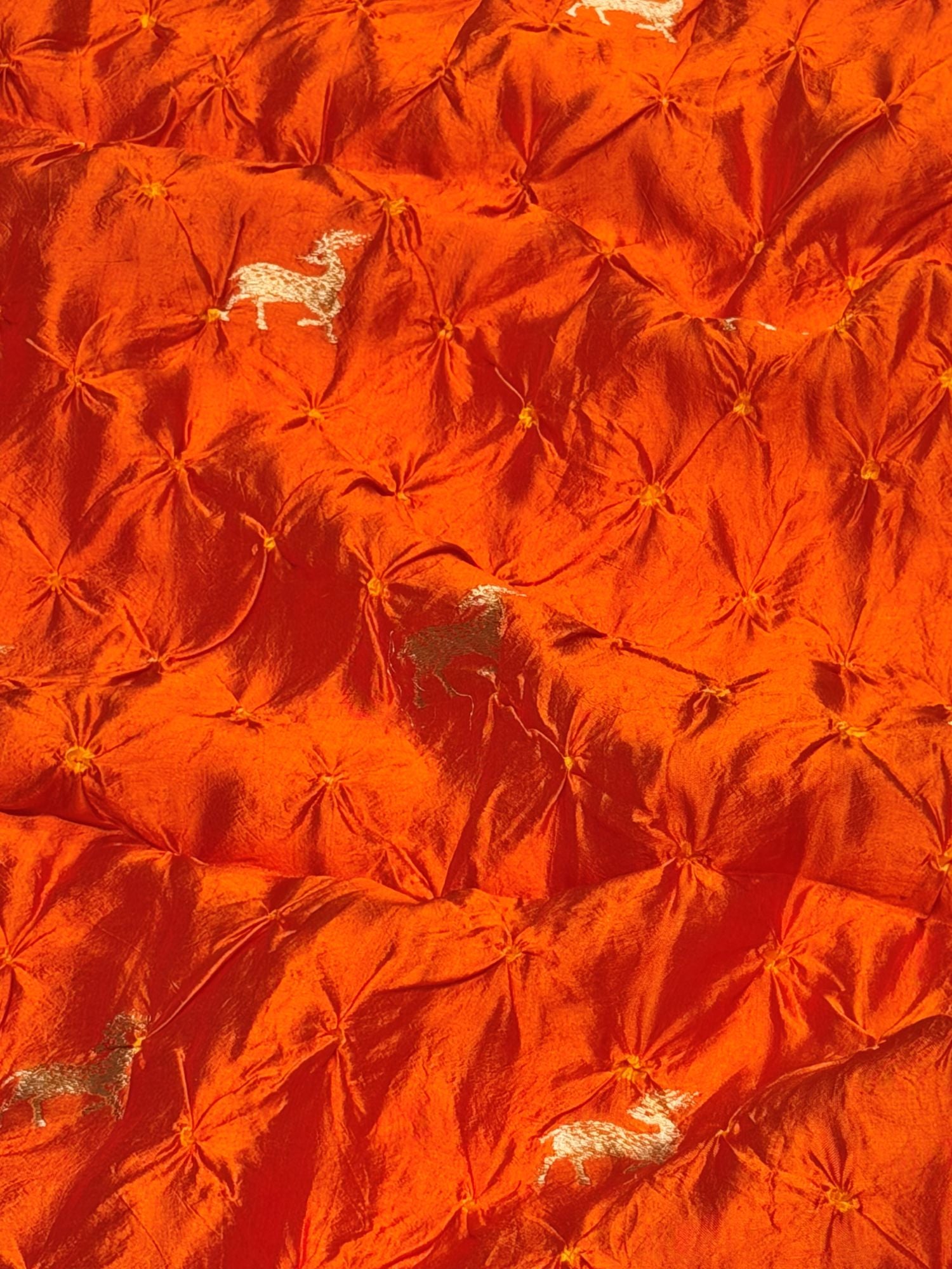 Orange Chiniya Silk Bandhani With Deer Kadhwa Motif Fabric