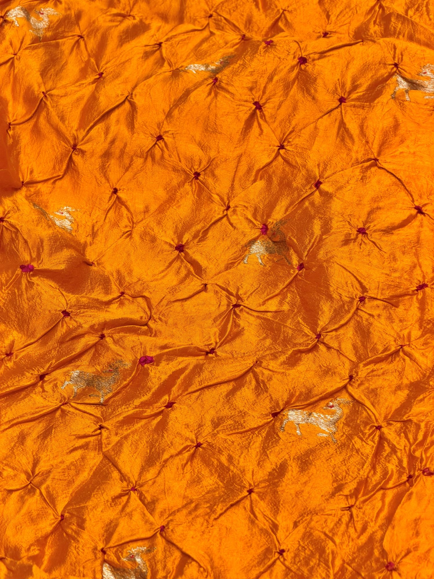 Mustard Yellow Chiniya Silk Bandhani With Deer Kadhwa Motif Fabric