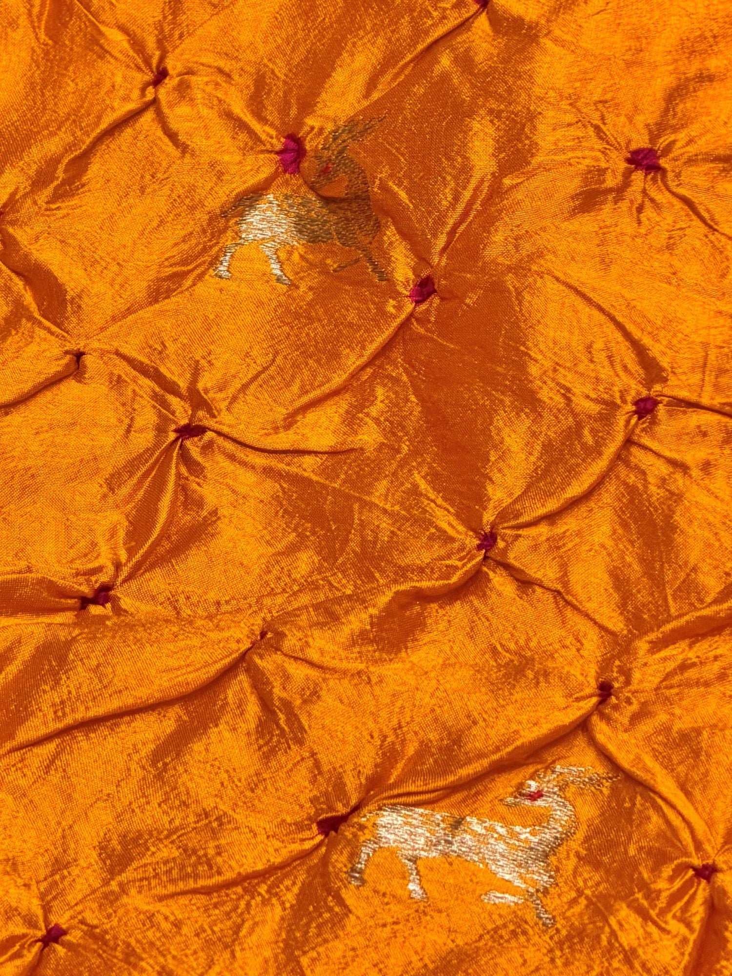 Mustard Yellow Chiniya Silk Bandhani With Deer Kadhwa Motif Fabric
