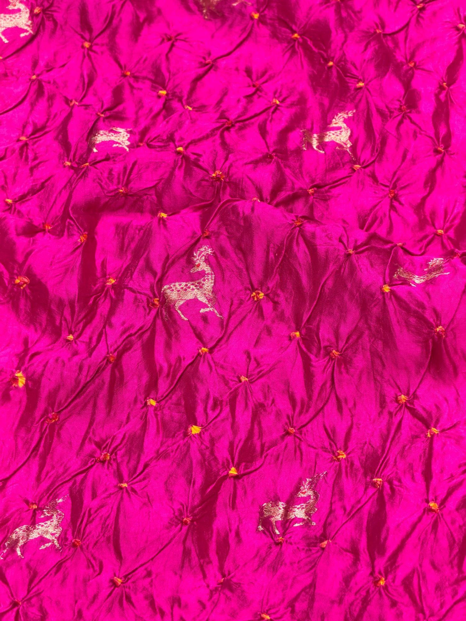 Magenta Pink Chiniya Silk Bandhani With Deer Kadhwa Motif Fabric
