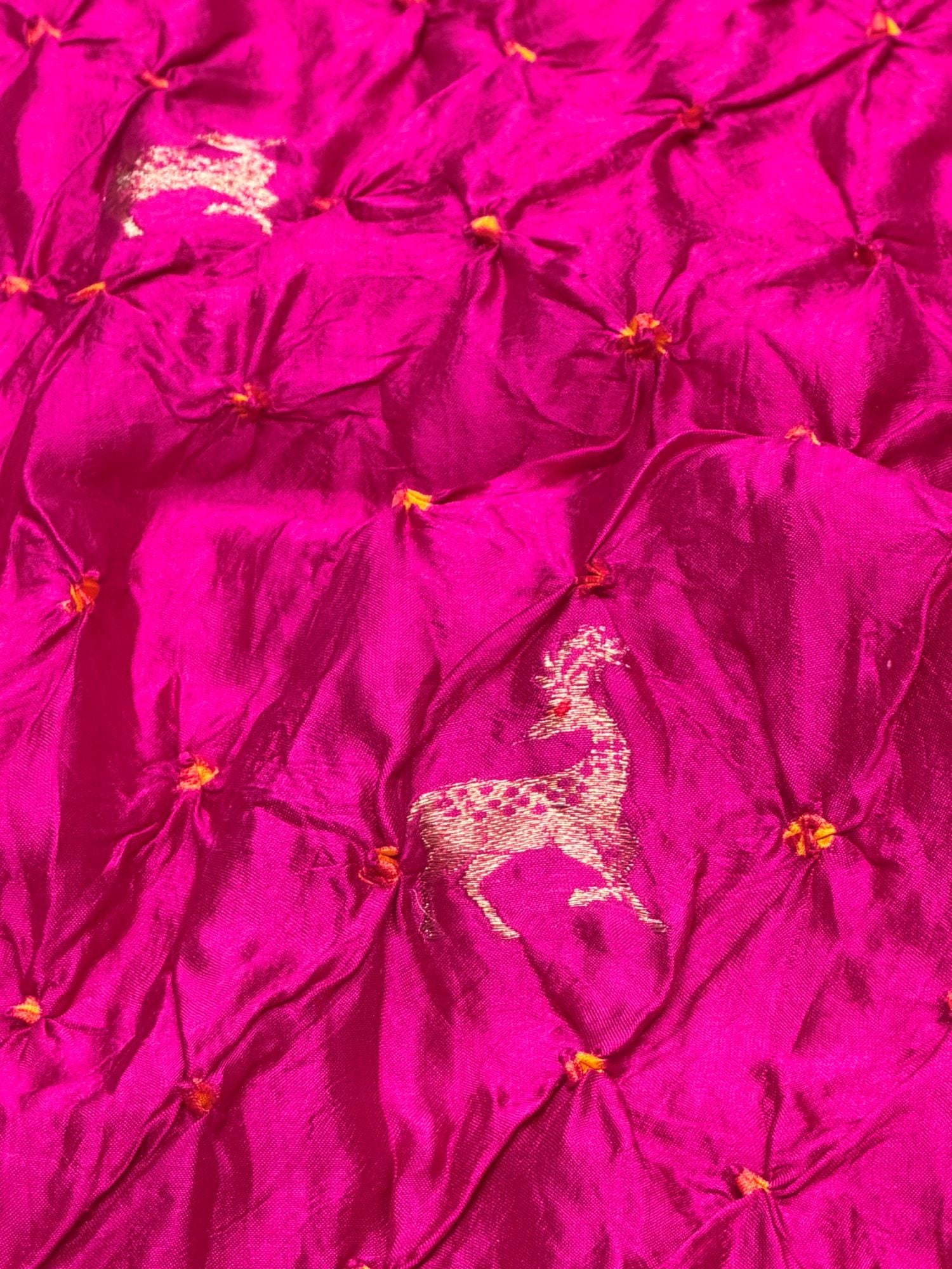 Magenta Pink Chiniya Silk Bandhani With Deer Kadhwa Motif Fabric