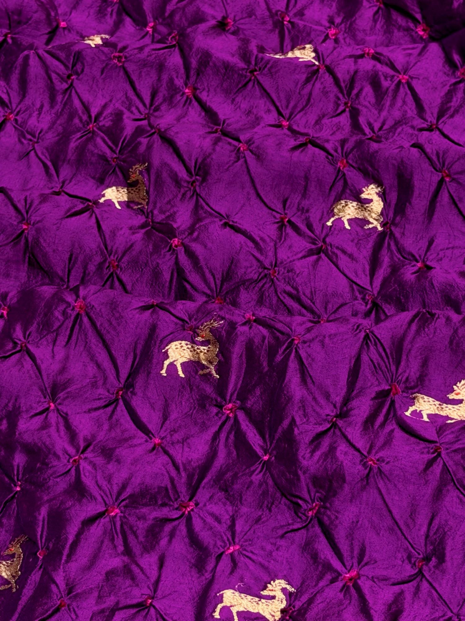 Deep Purple Chiniya Silk Bandhani With Deer Kadhwa Motif Fabric