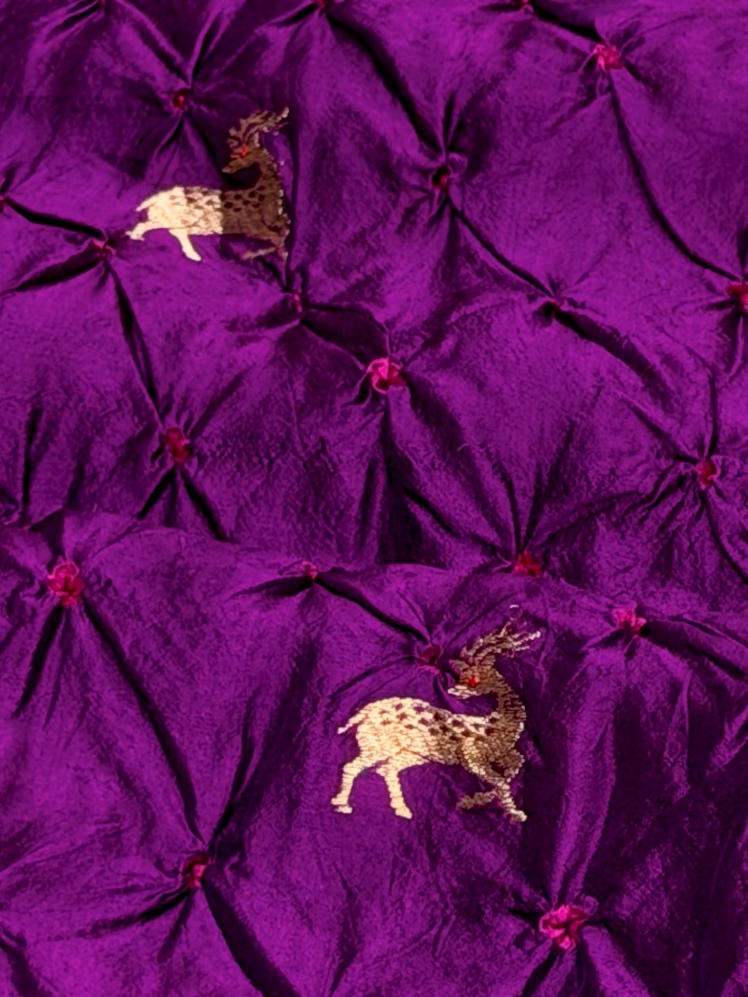 Deep Purple Chiniya Silk Bandhani With Deer Kadhwa Motif Fabric