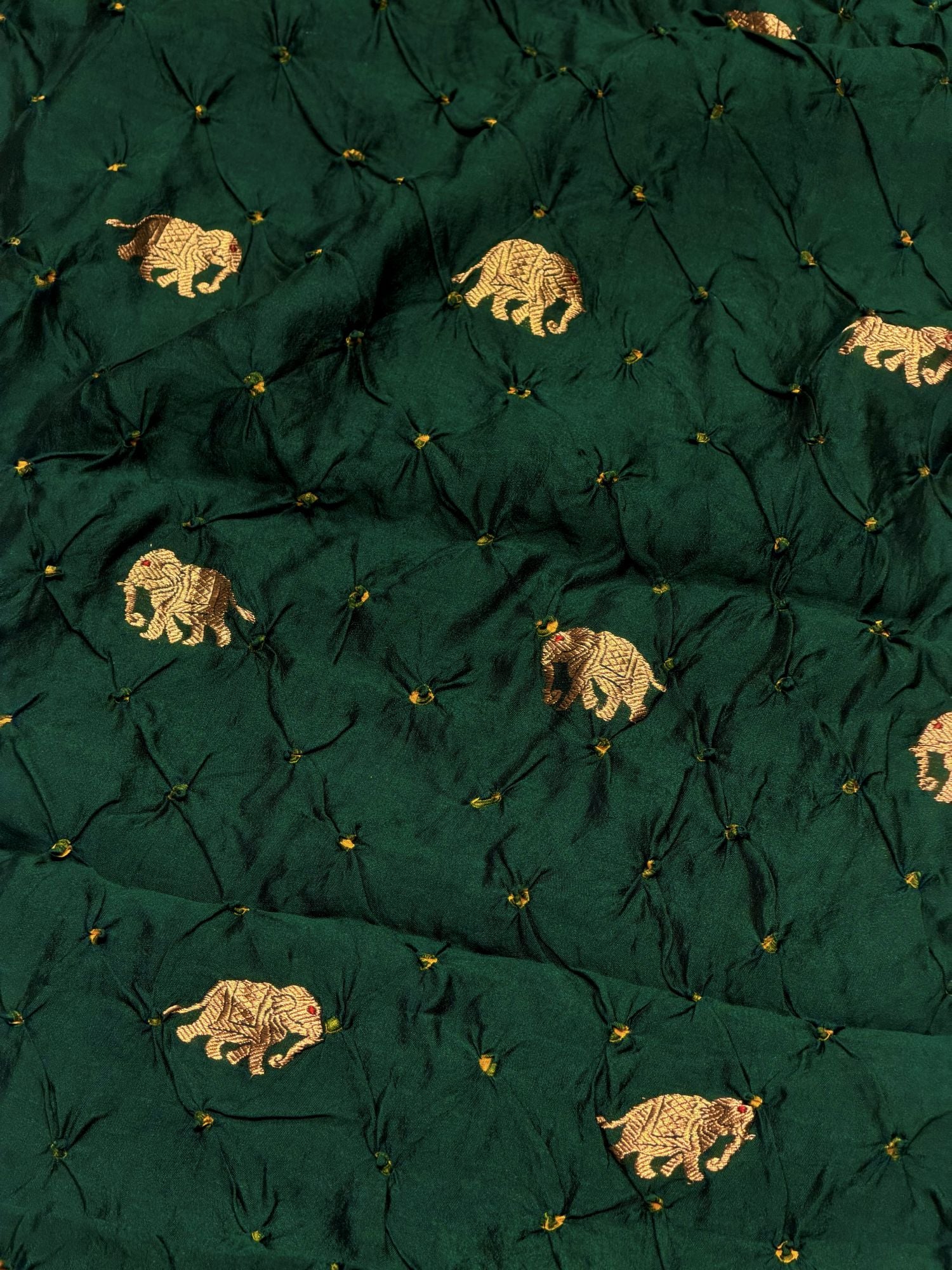 Deep Green Chiniya Silk Bandhani With Elephant Kadhwa Motif Fabric