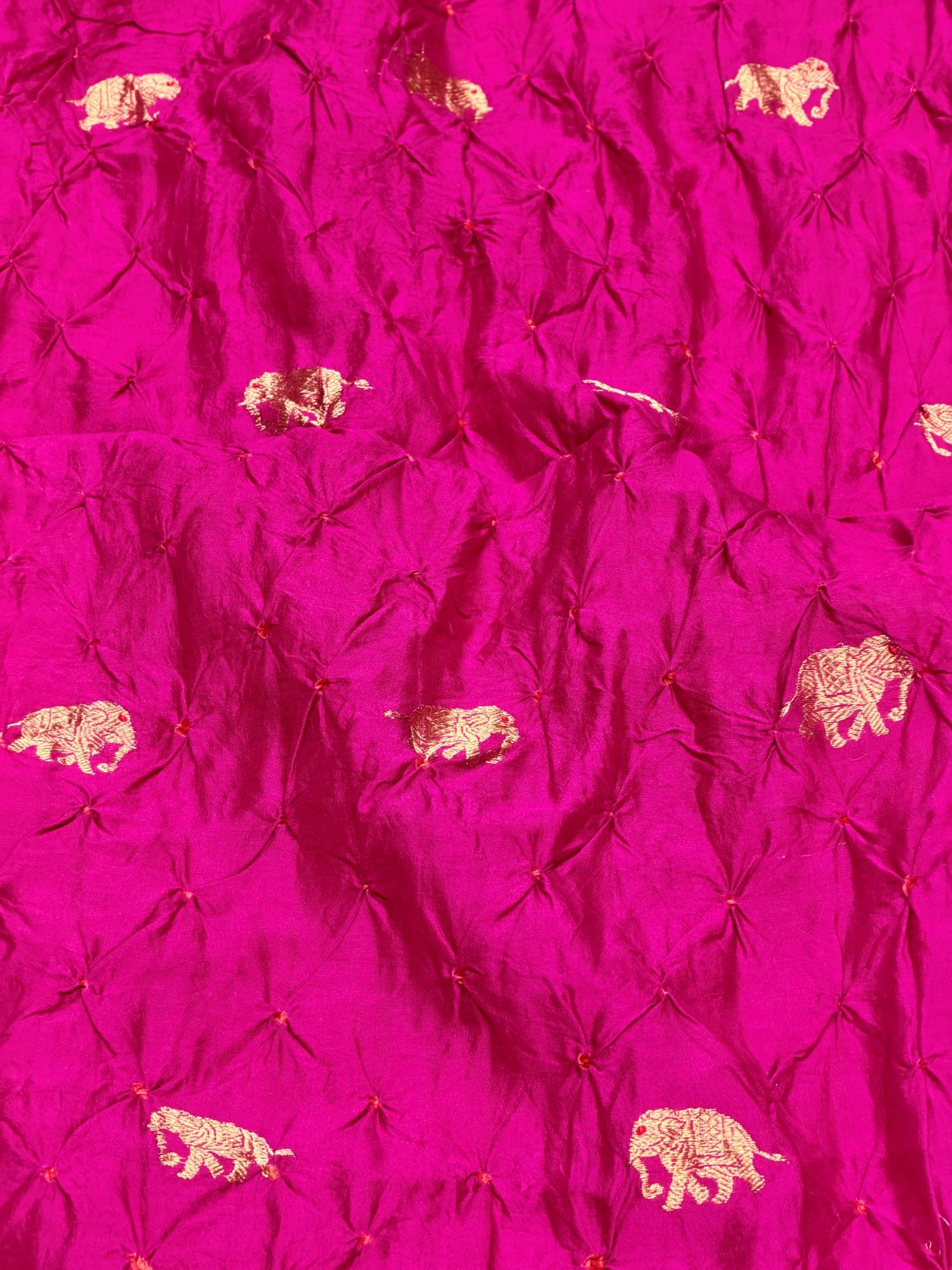 Rani Pink Chiniya Silk Bandhani With Elephant Kadhwa Motif Fabric