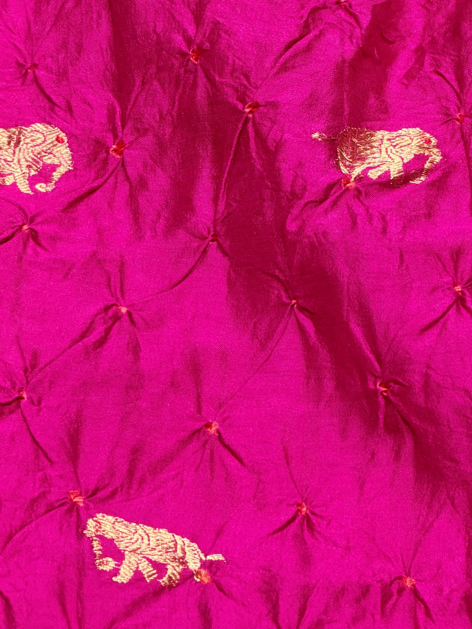 Rani Pink Chiniya Silk Bandhani With Elephant Kadhwa Motif Fabric
