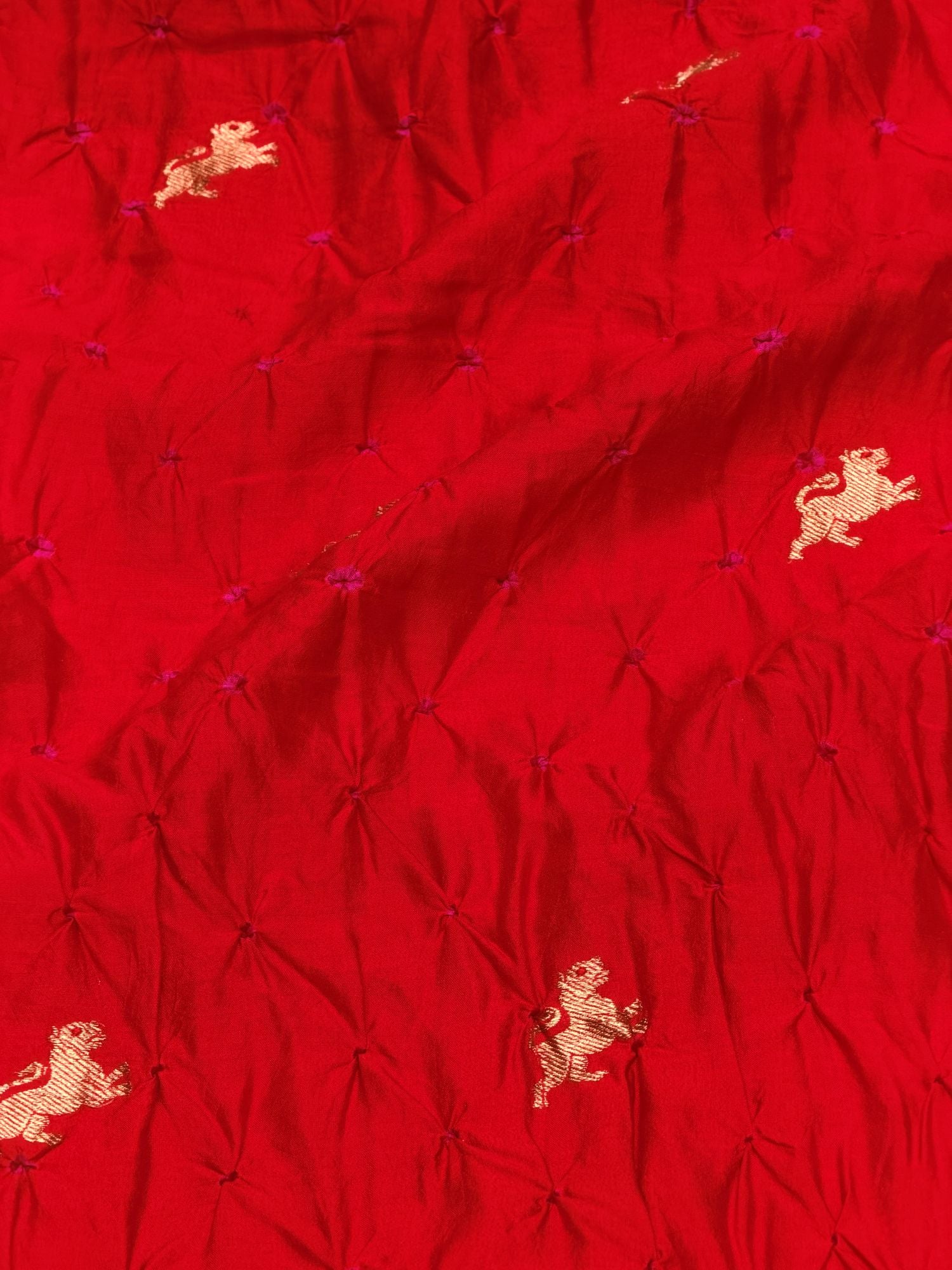 Red Chiniya Silk Bandhani With Lion Kadhwa Motif Fabric
