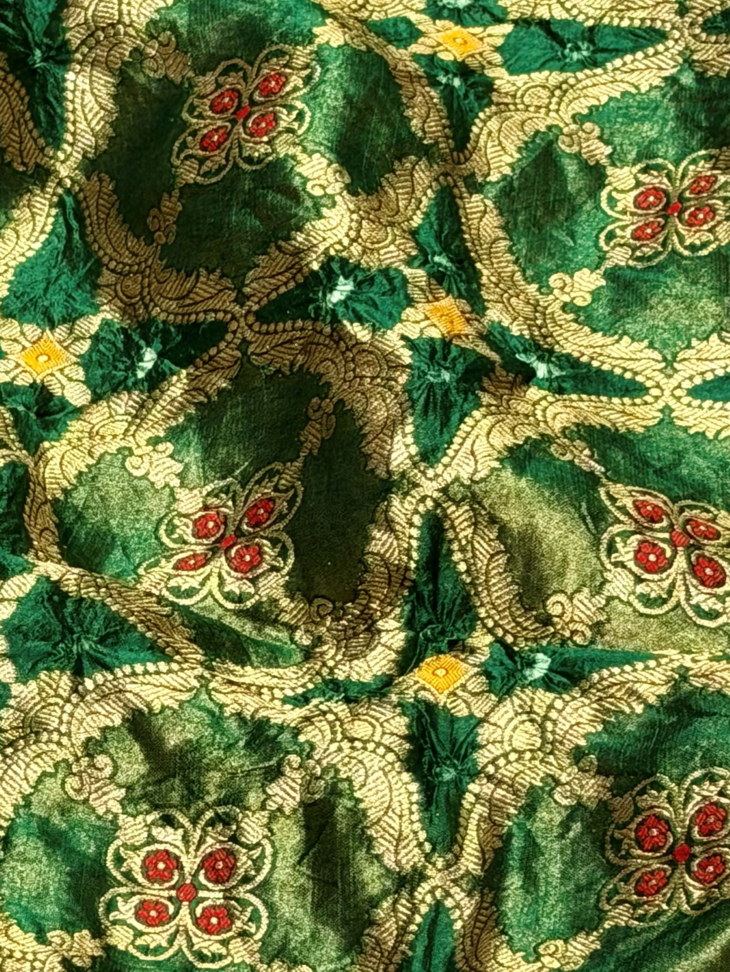 Emerald Green Pure Chiniya Silk Tissue Bandhani Fabric
