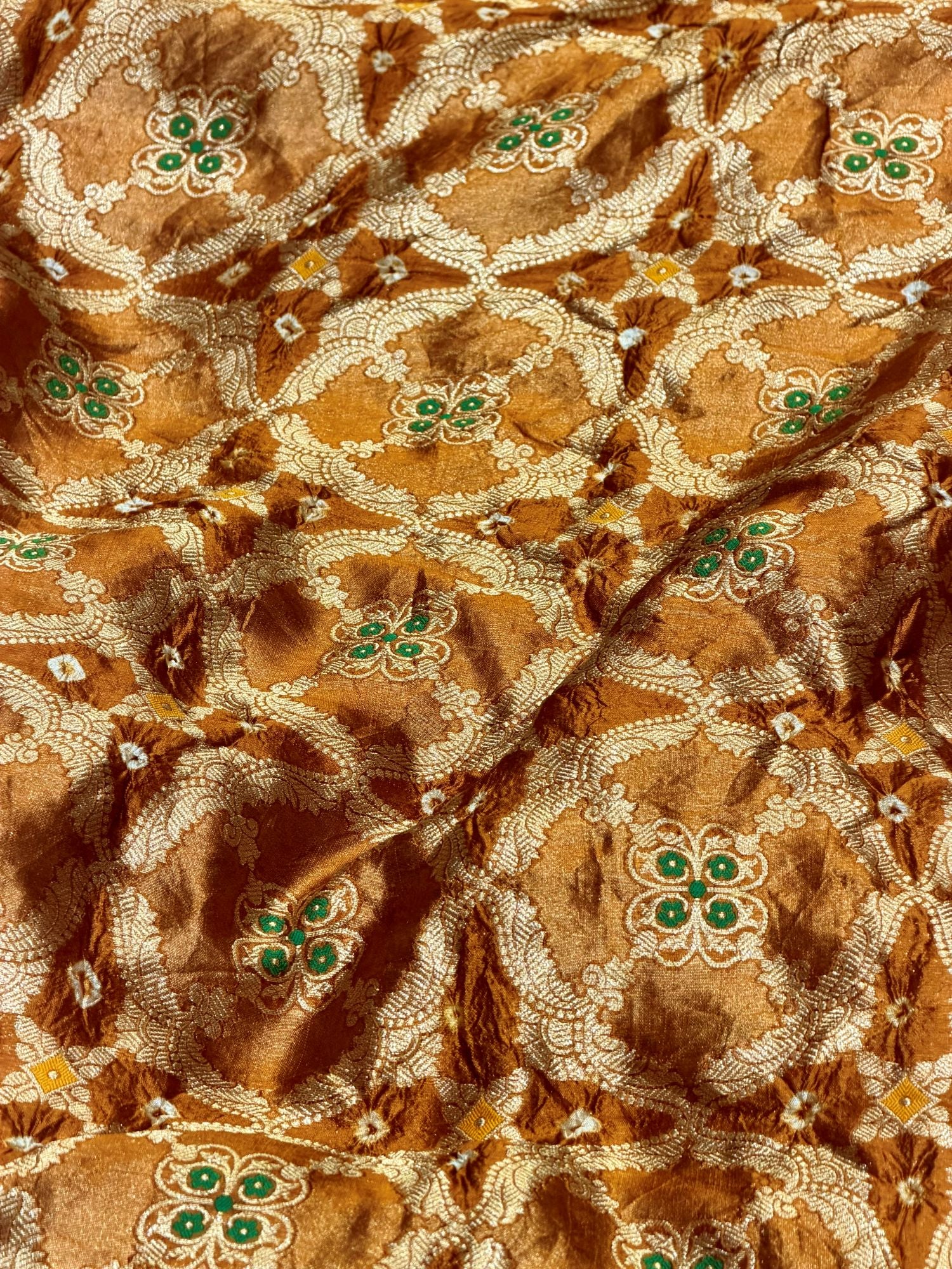 Copper Gold Pure Chiniya Silk Tissue Bandhani Fabric