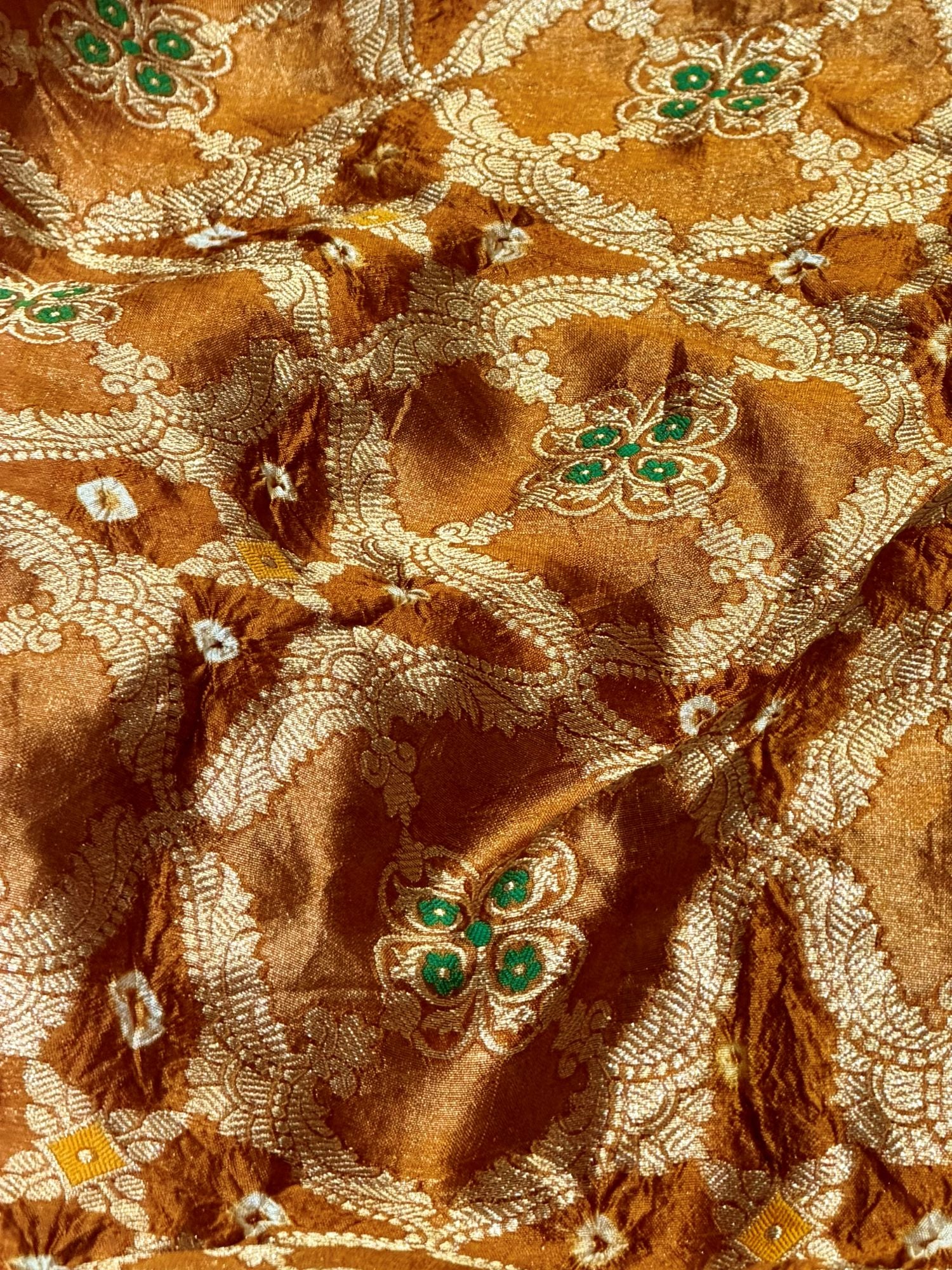 Copper Gold Pure Chiniya Silk Tissue Bandhani Fabric