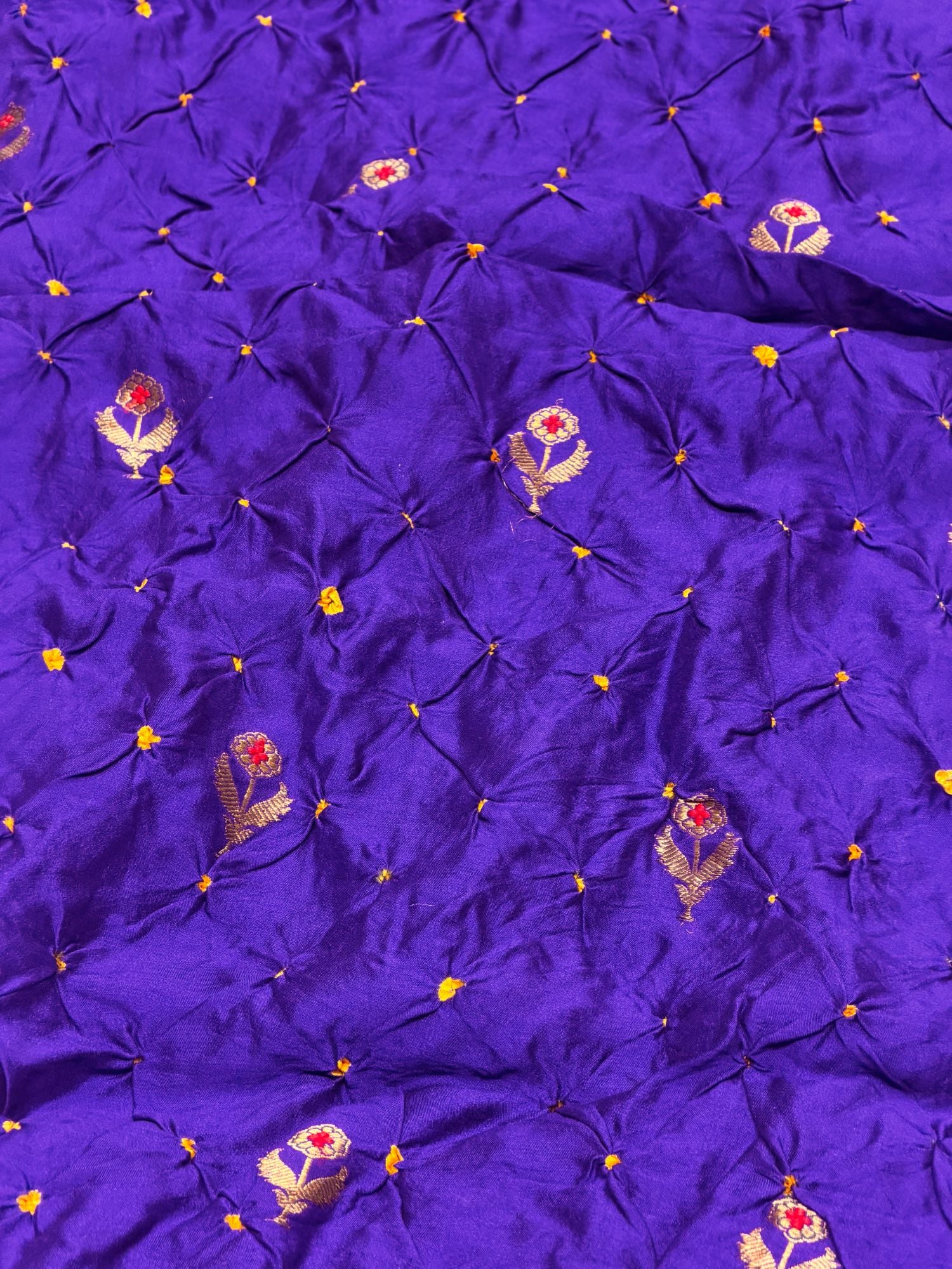 Royal Purple Chiniya Silk Bandhani Fabric With Kadhwa Motif