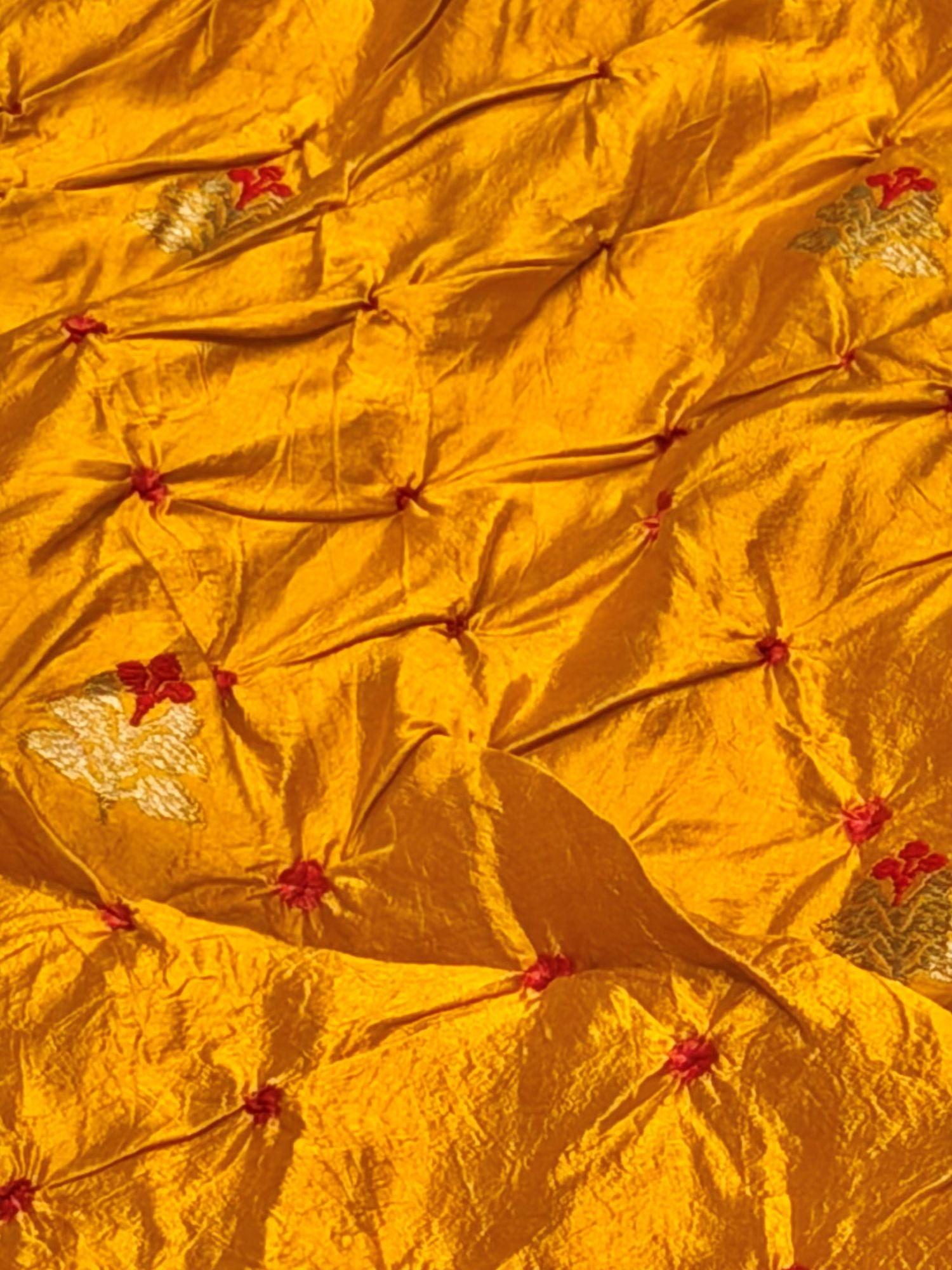 Mustard Yellow Chiniya Silk Bandhani Fabric With Kadhwa Motif