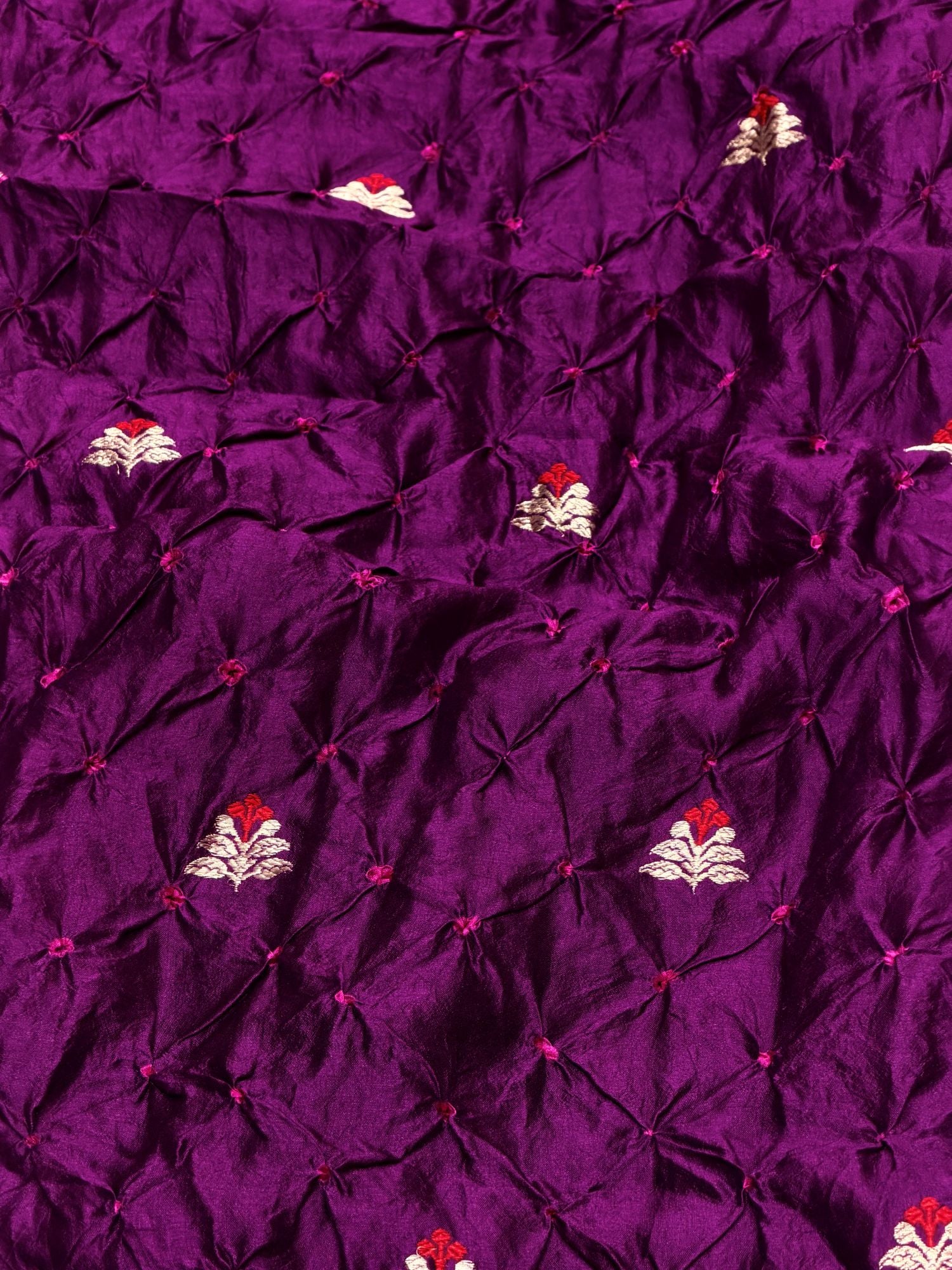 Deep Magenta Chiniya Silk Bandhani Fabric With Kadhwa Motif