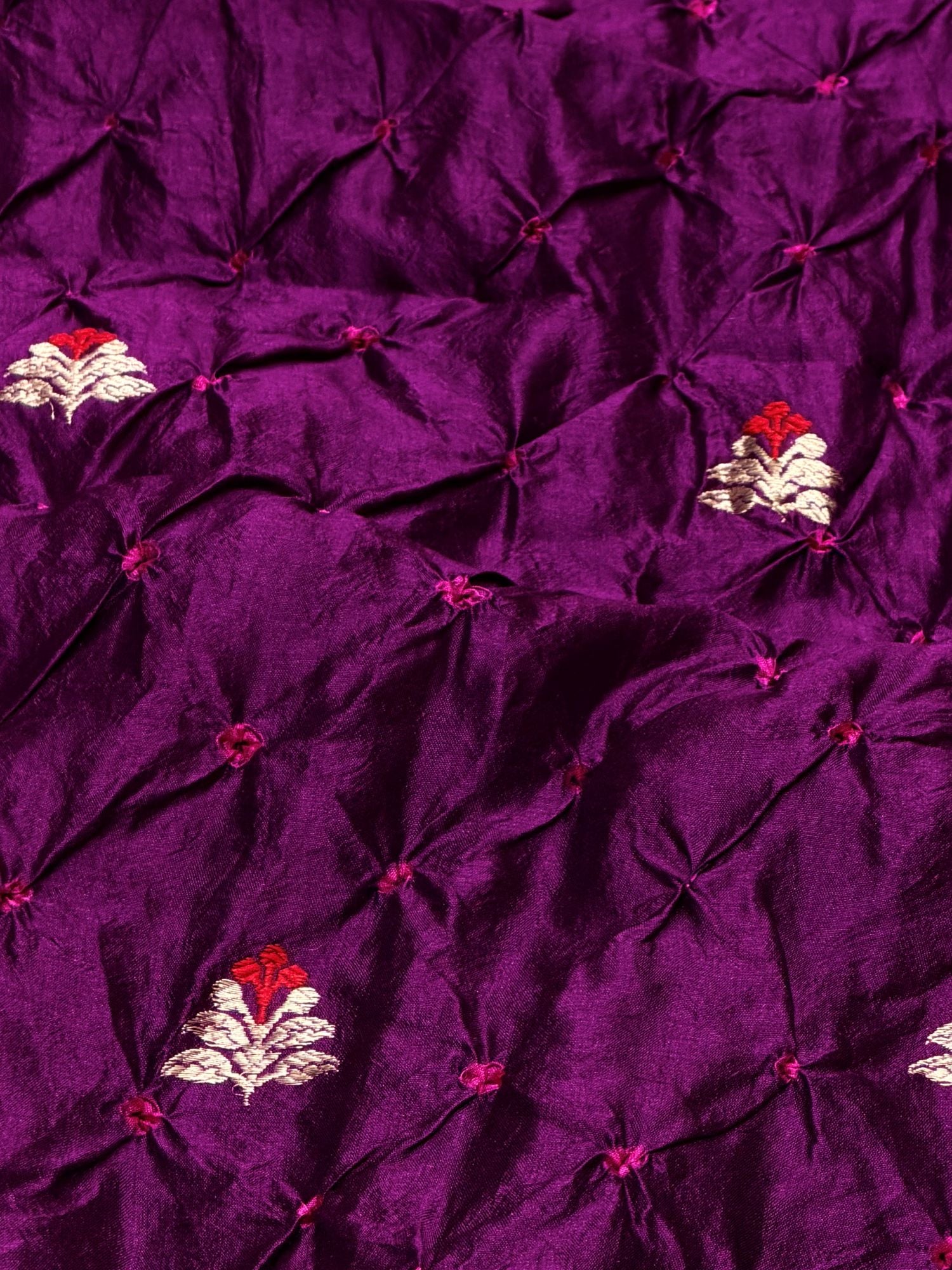 Deep Magenta Chiniya Silk Bandhani Fabric With Kadhwa Motif