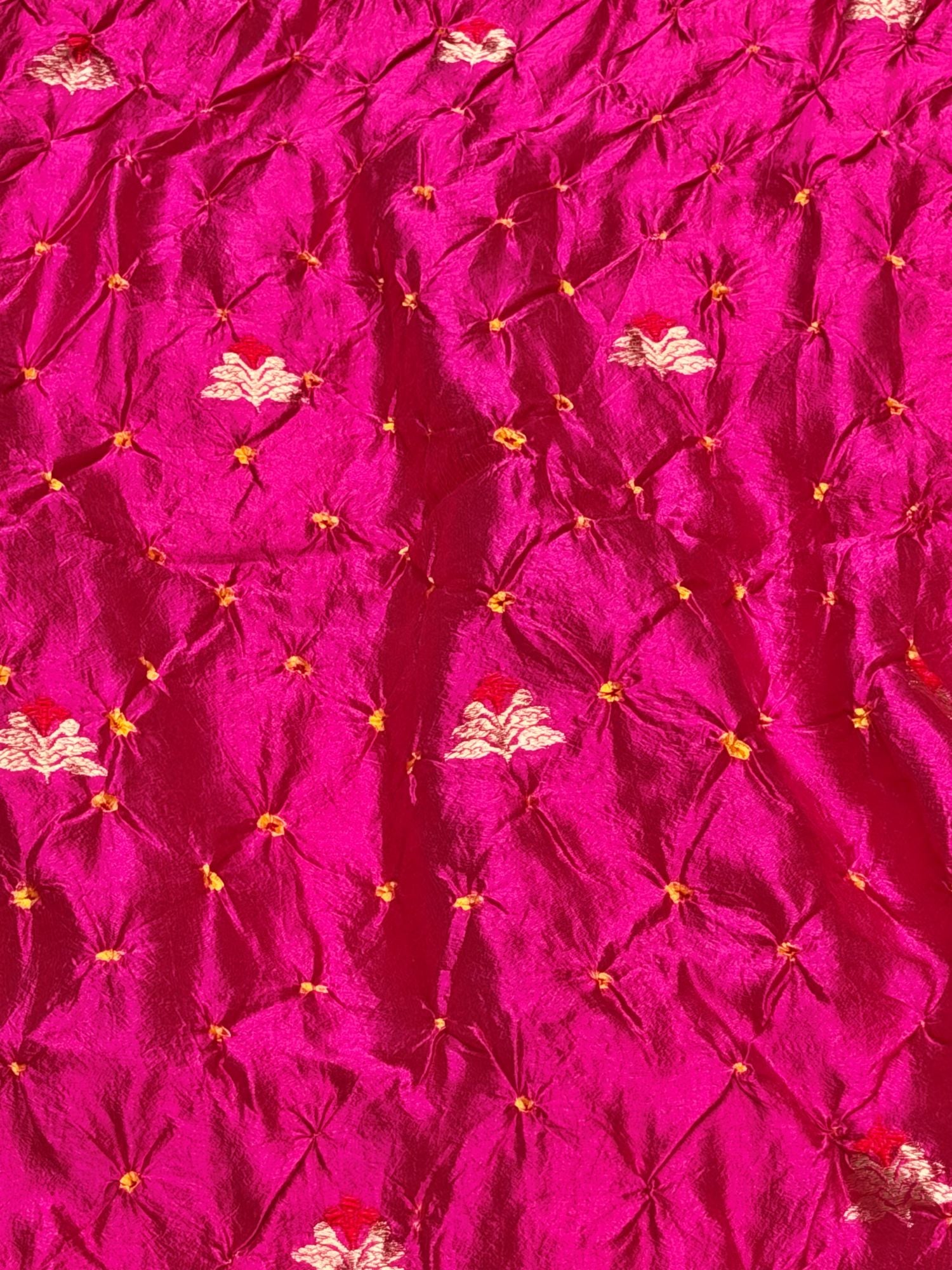 Rani Pink Chiniya Silk Bandhani Fabric With Kadhwa Motif
