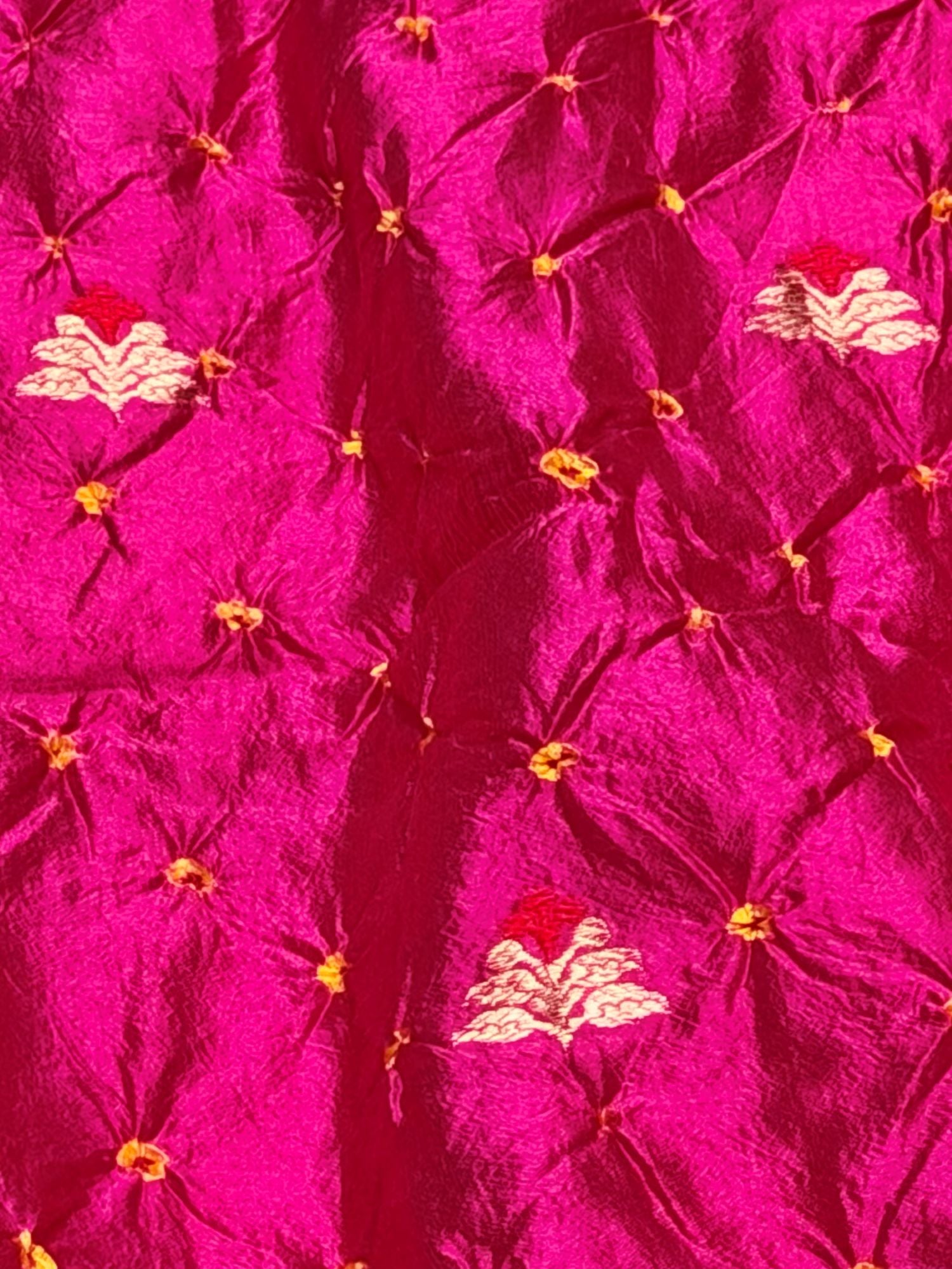 Rani Pink Chiniya Silk Bandhani Fabric With Kadhwa Motif