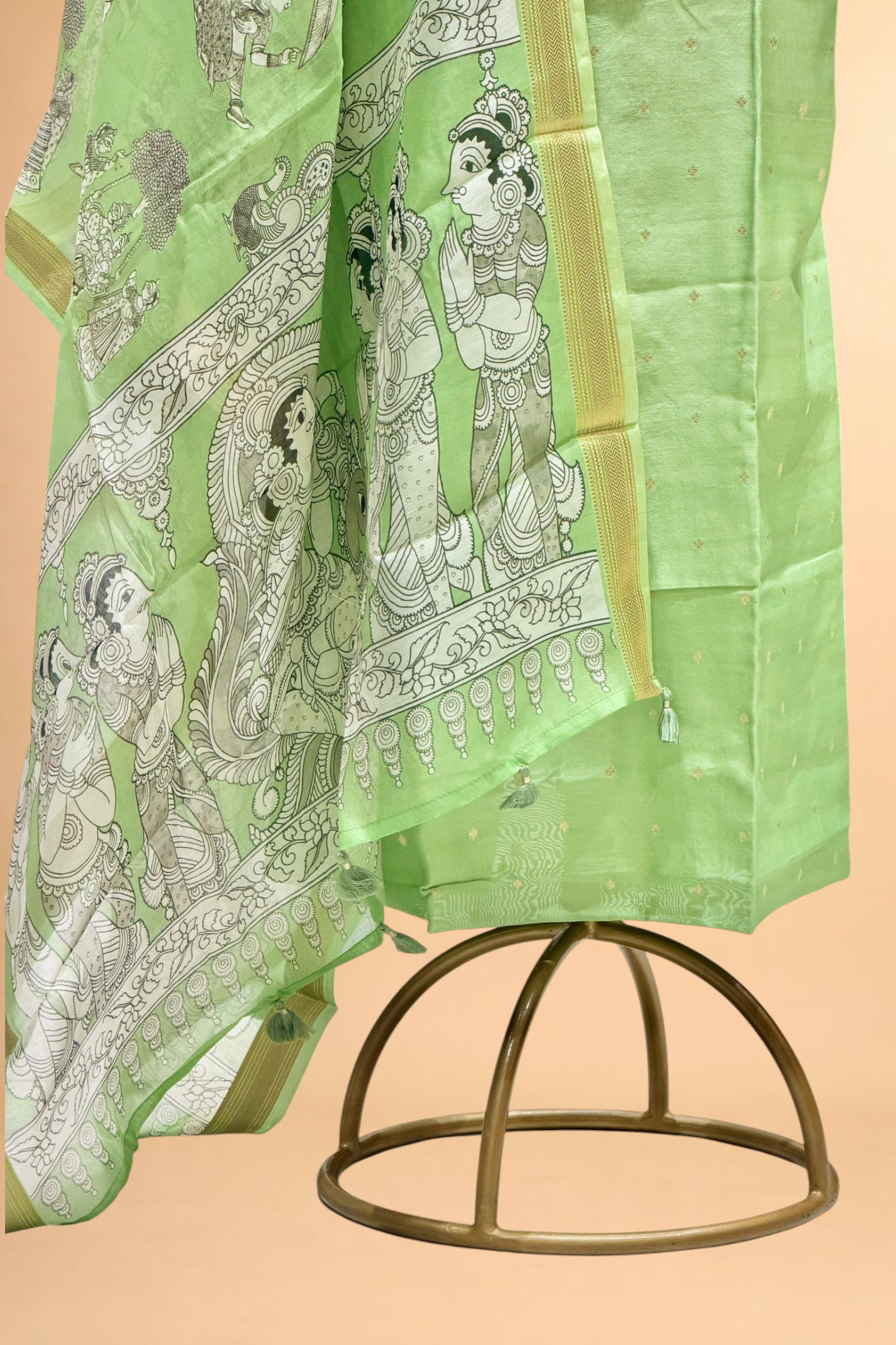Dusty Green Chanderi Silk Suit Sets With Kalamkari Printed Dupatta
